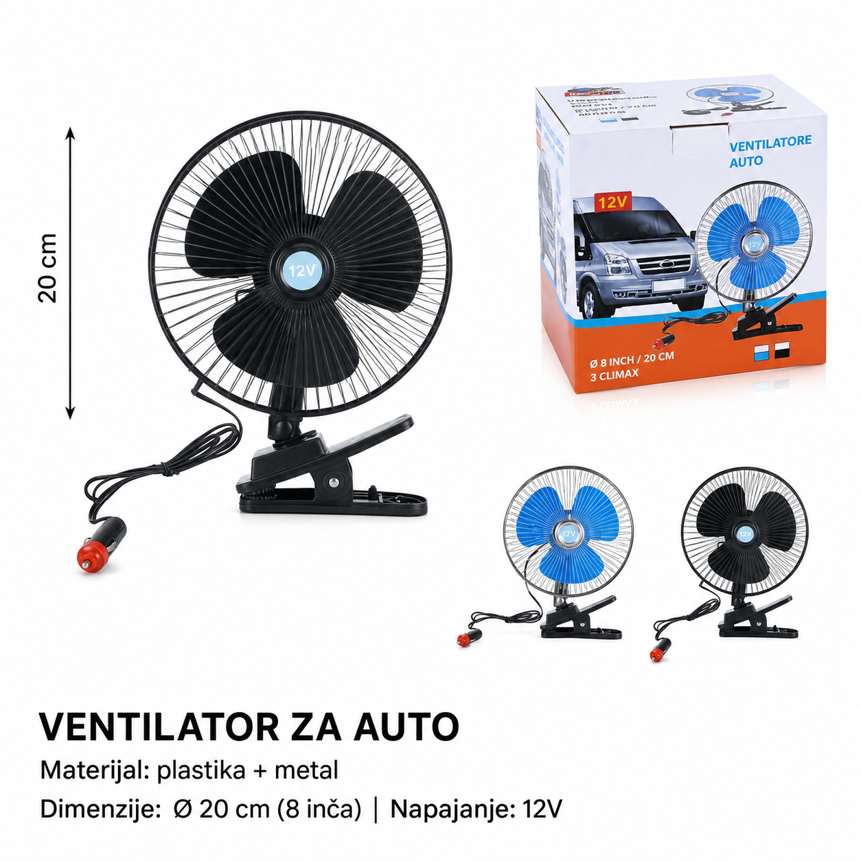 KMT Auto električni ventilator 8 inča sa postoljem 12V 2002506
