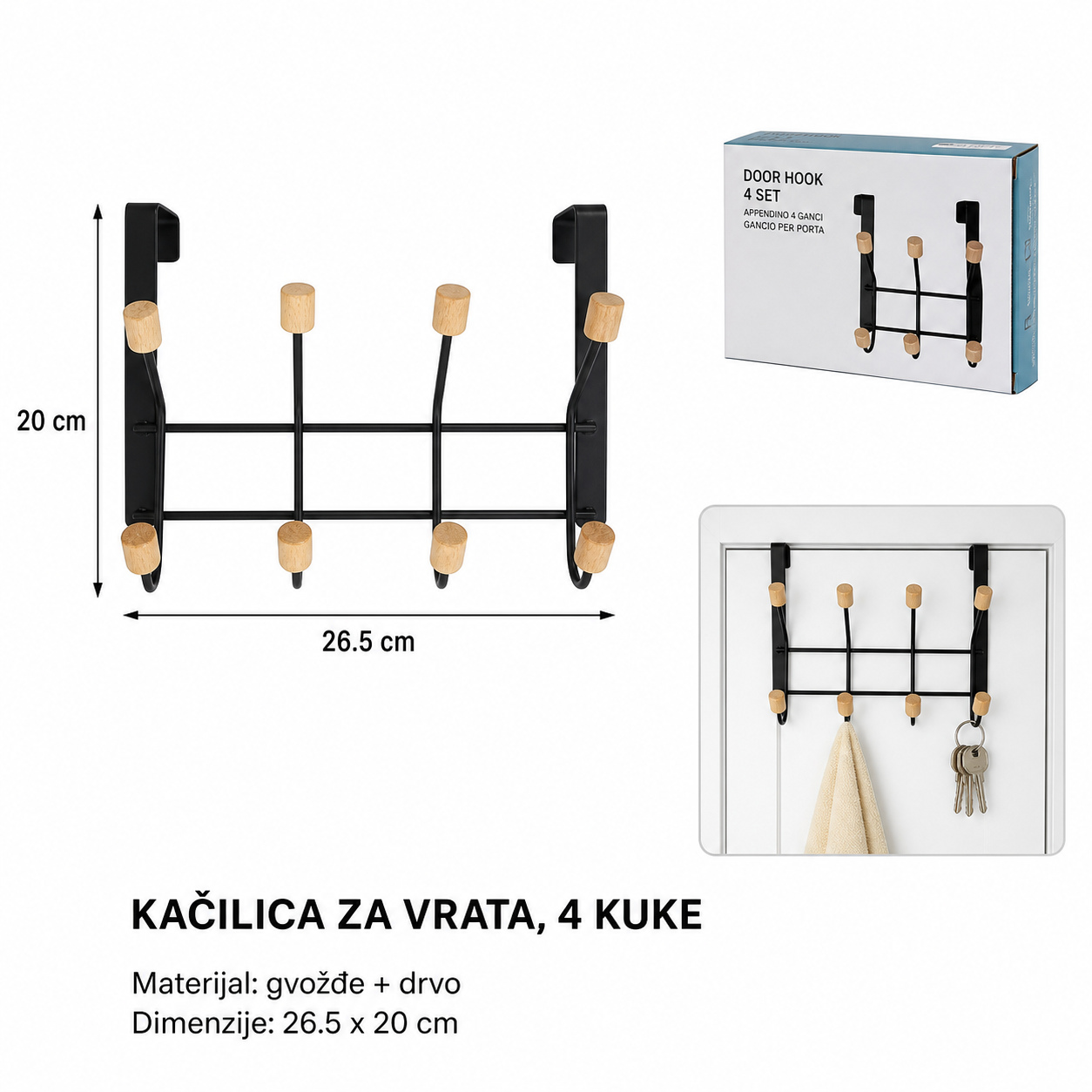 KMT Drveni kuglice (4 kuka) vrata kuka, mat crna 2406820
