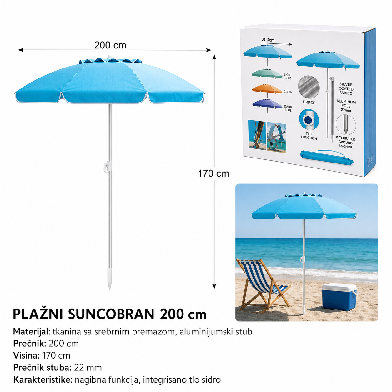 KMT Običan suncobran za plažu sa aluminijumskim stubom za upravljanje 2904197