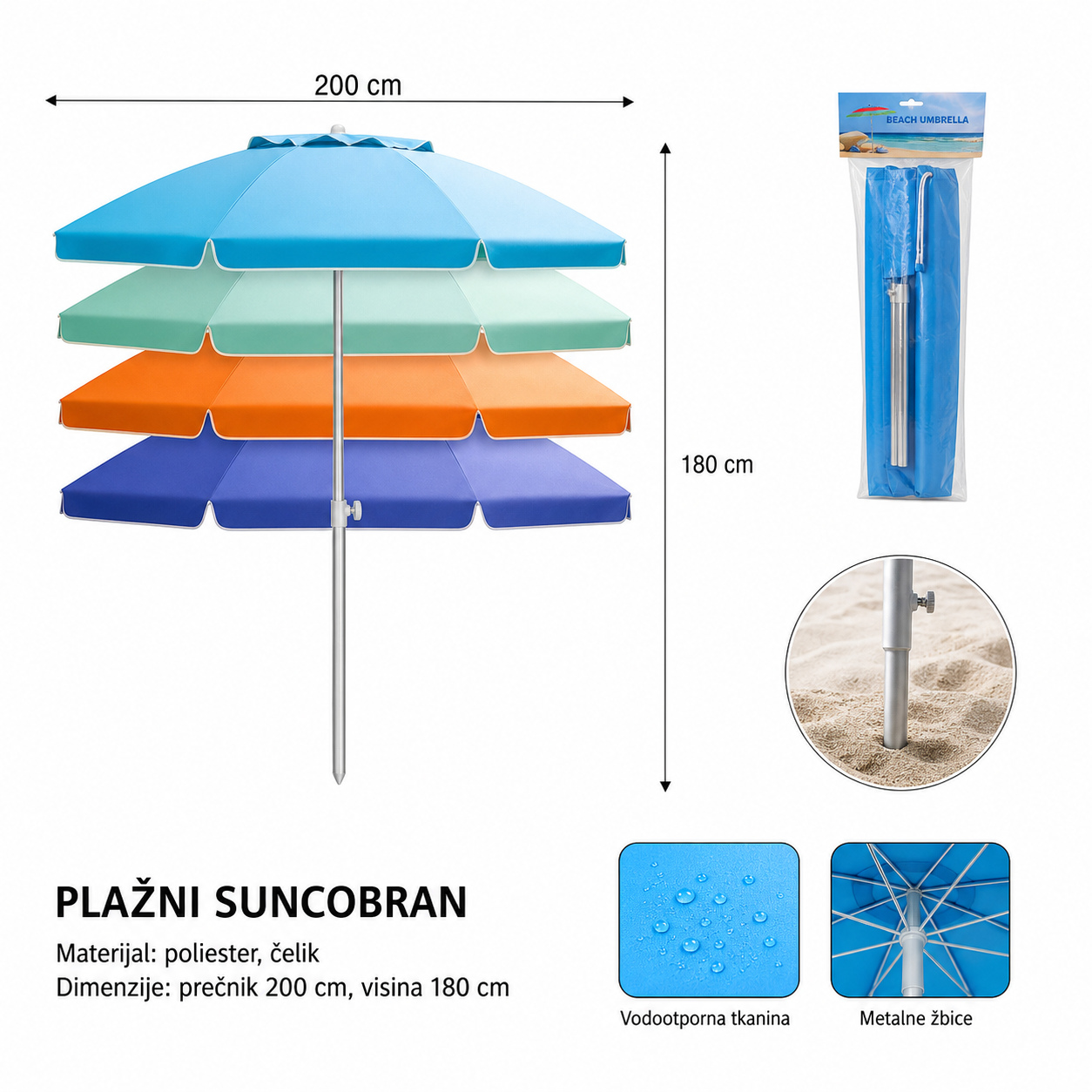 KMT Običan suncobran za plažu sa aluminijumskim stubom za upravljanje 2904198