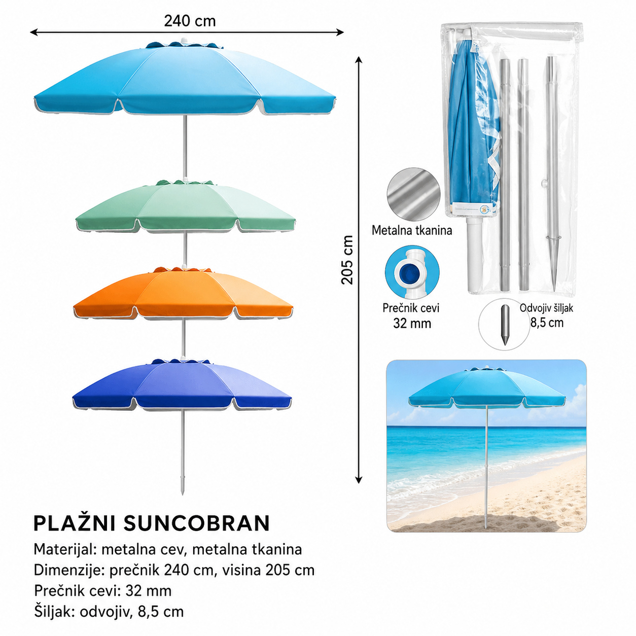 KMT Običan suncobran za plažu sa aluminijumskim stubom za upravljanje 2904199
