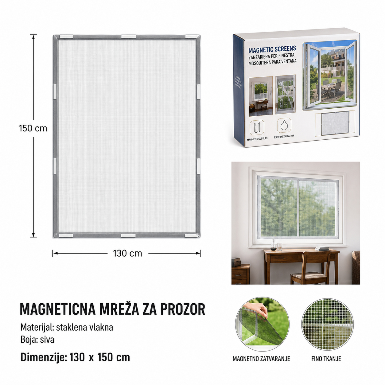 KMT Magnetna mreža za prozore - sa magnet blokom, siva 130*150 297402