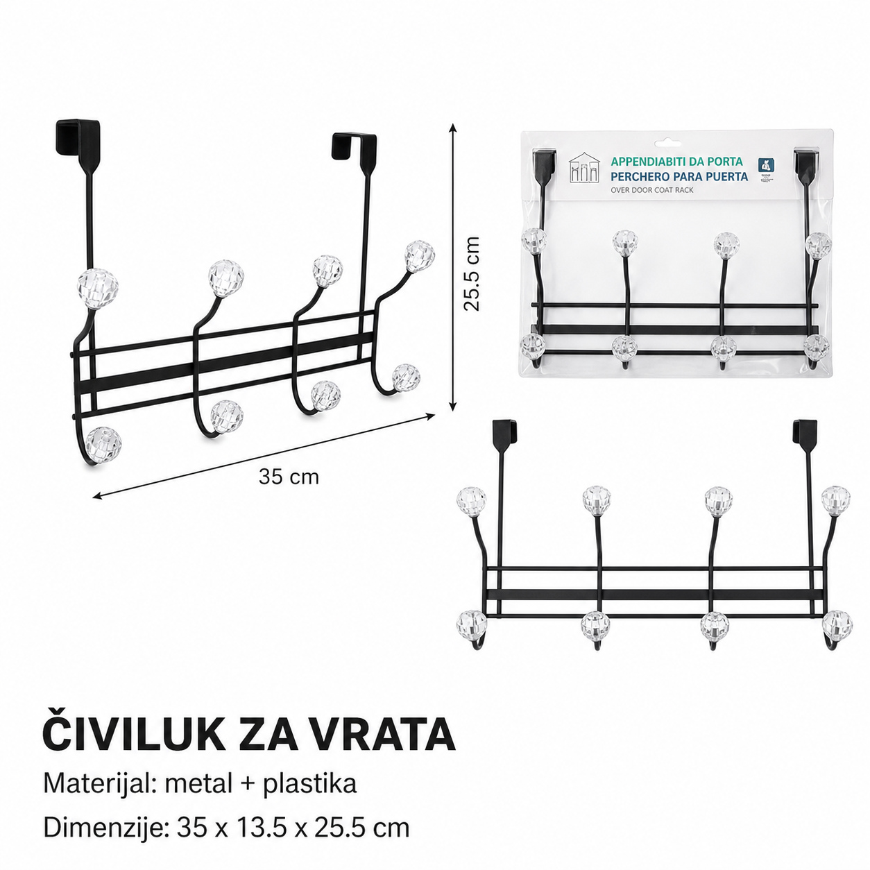 KMT Elegantna vešalica za vrata sa 4 kuke i kristalnim kuglama 3210007