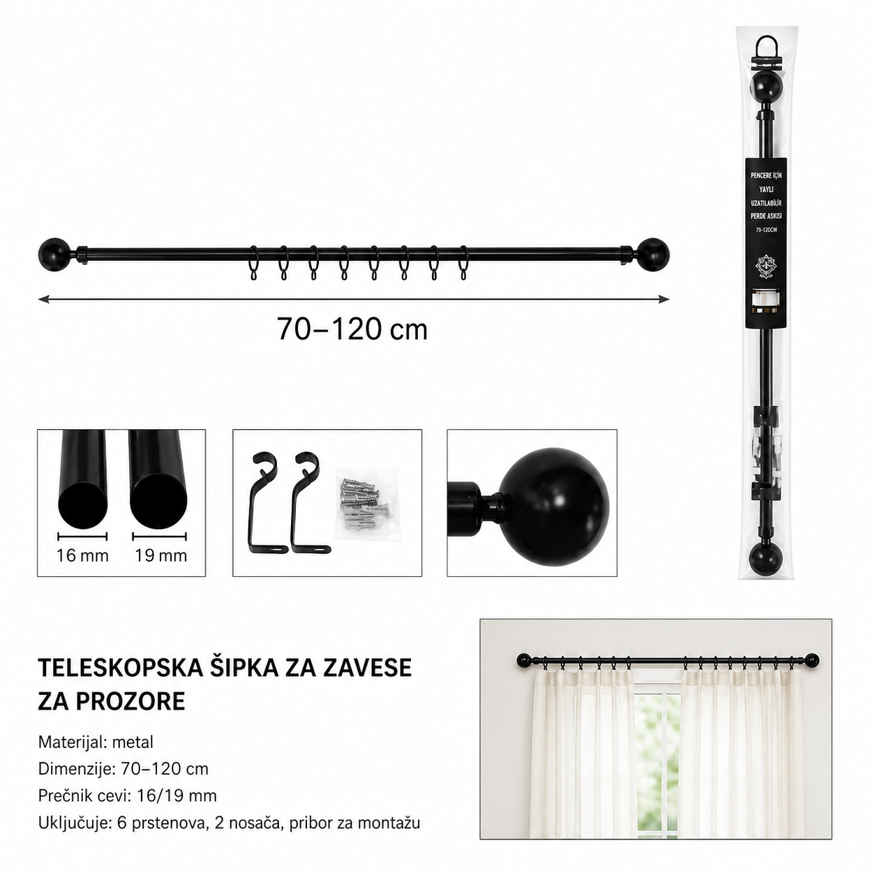 KMT Kuka za zavese sa bočnim produžetkom (mat crna) 3280832
