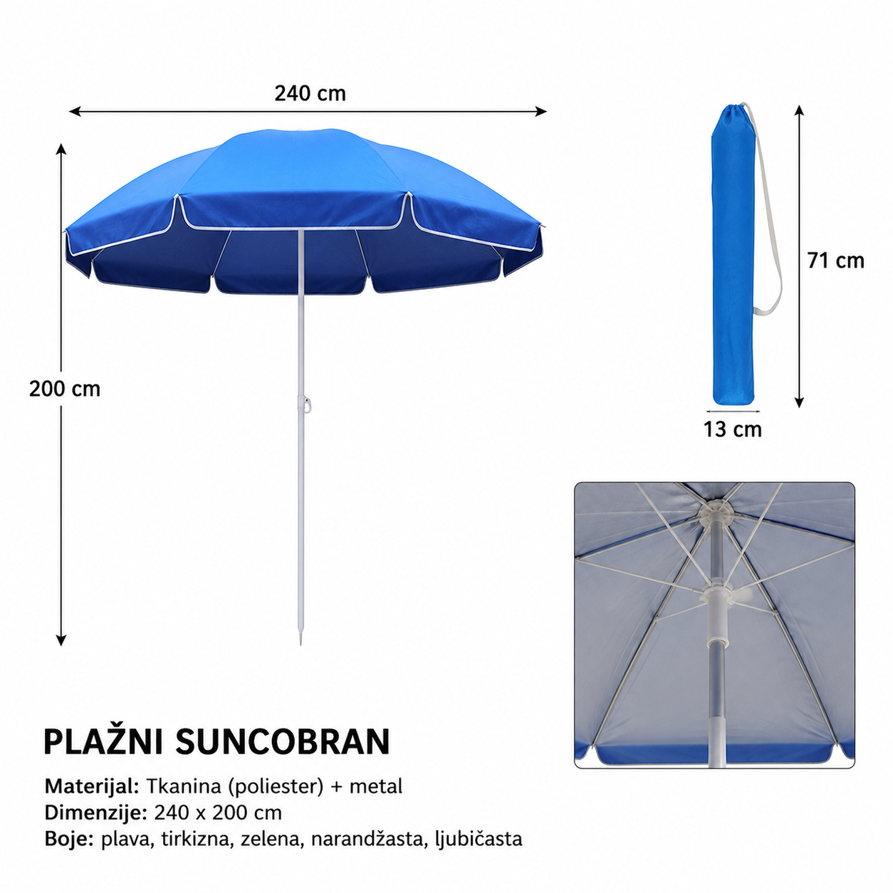 KMT suncobran za plažu jednobojne 3280962