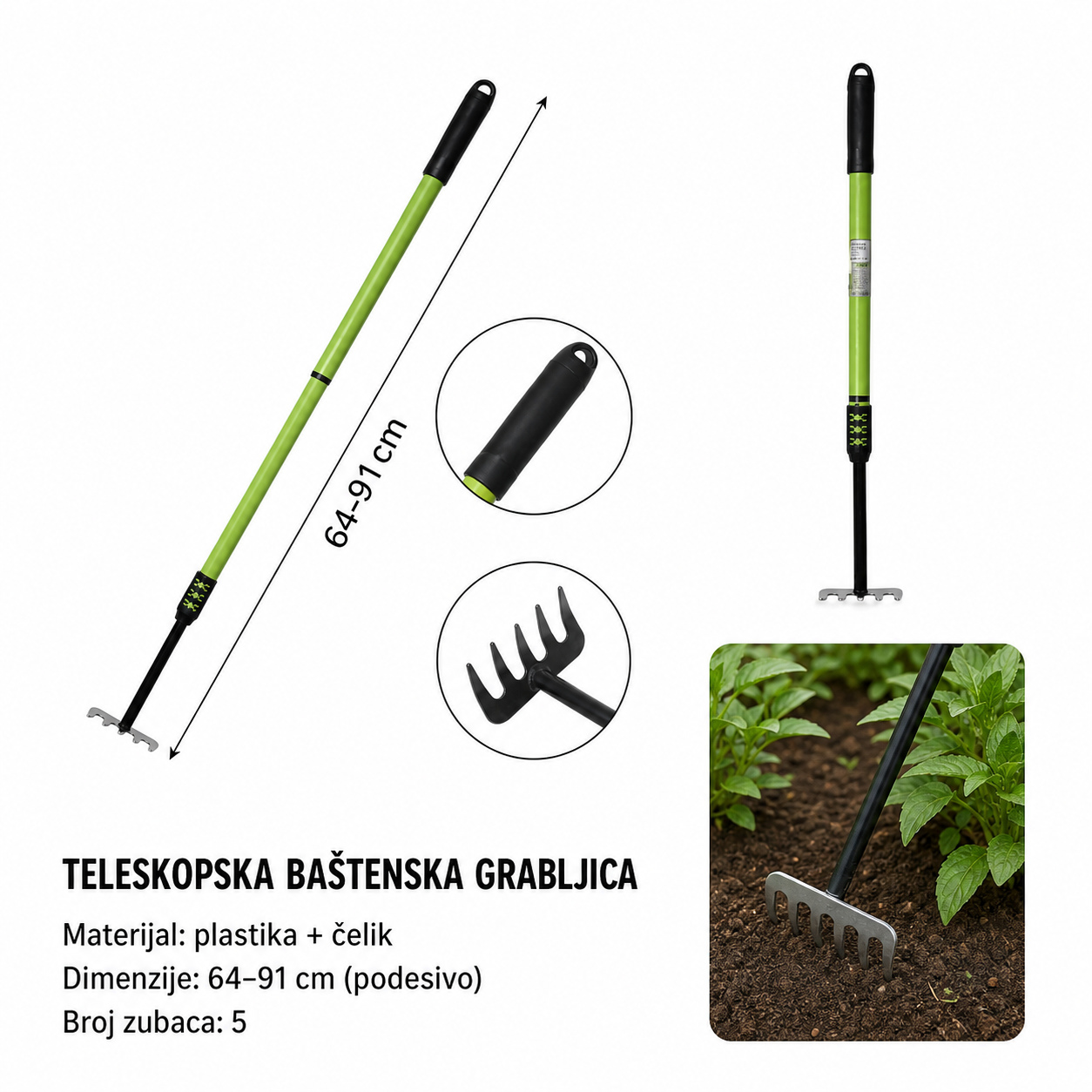 KMT Plastični teleskopski duga drška 5 zupčaste grabulje 501788