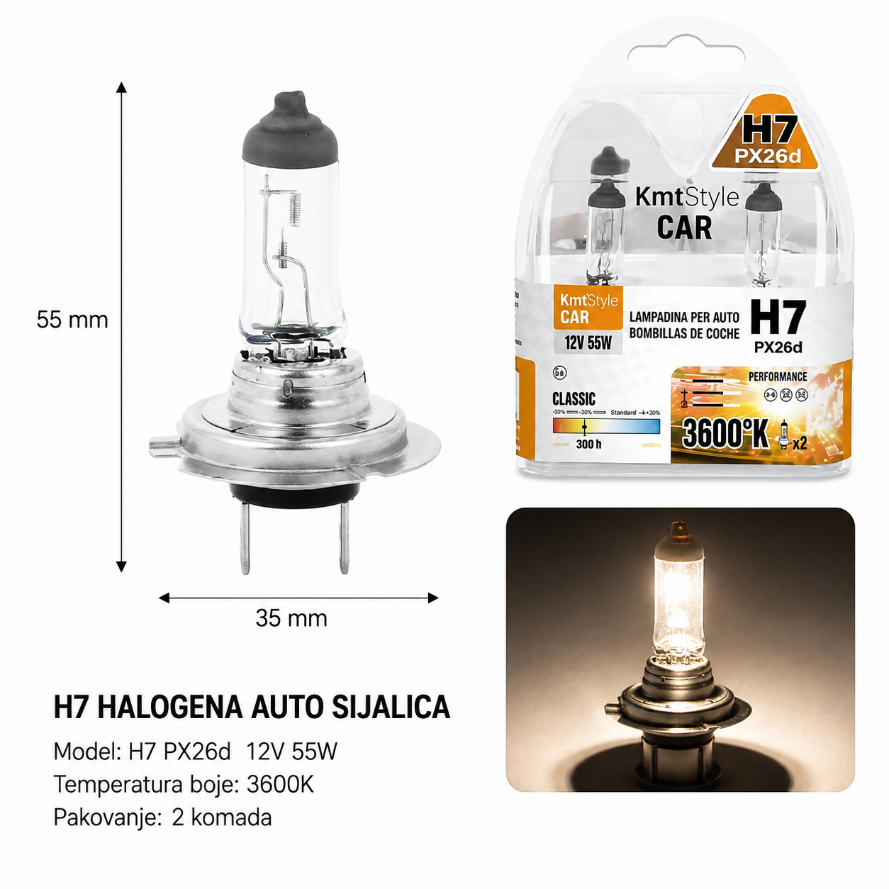 KMT H7 halogena sijalica za automobil, bela 2000225