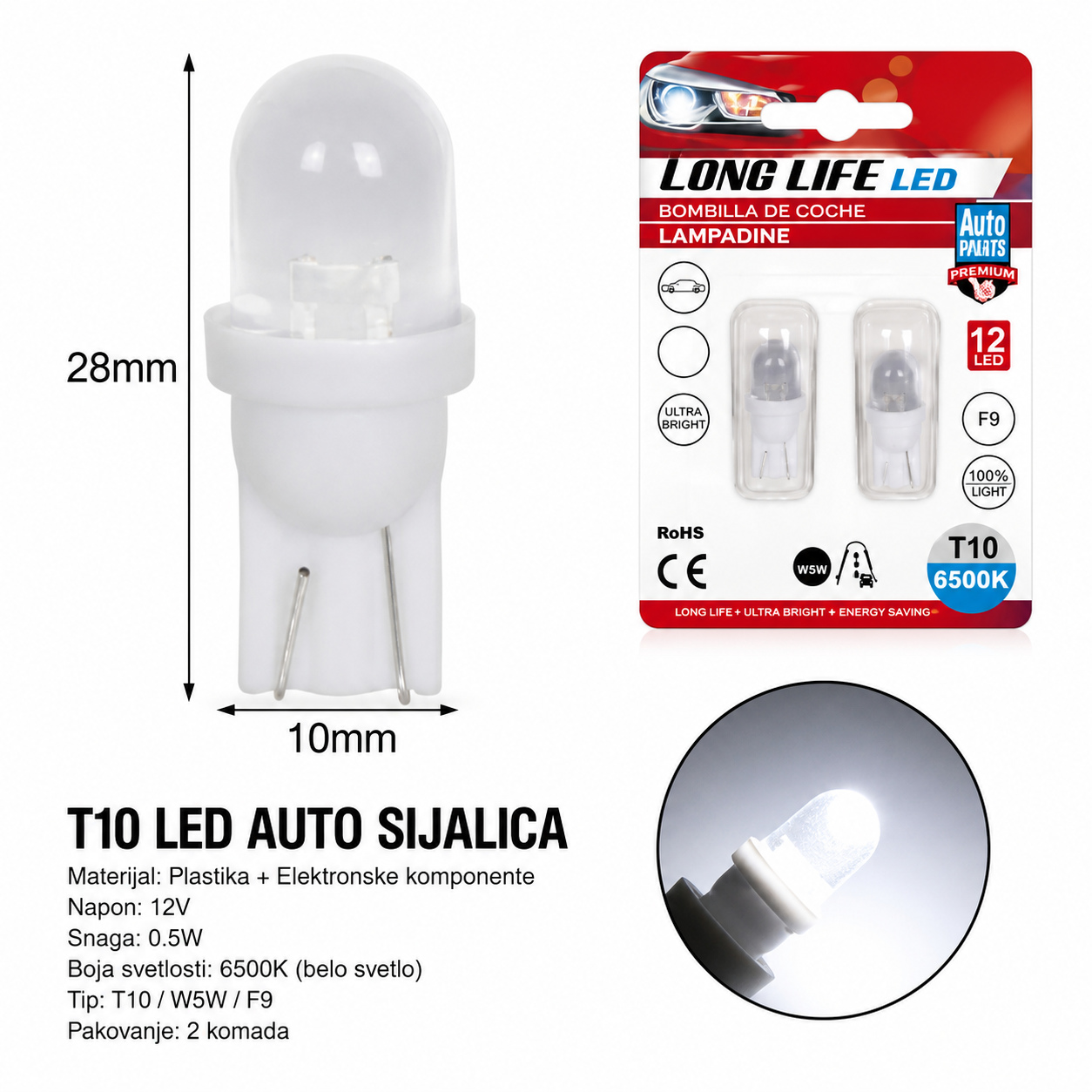 KMT T10 auto LED lampa belo svetlo 2000272