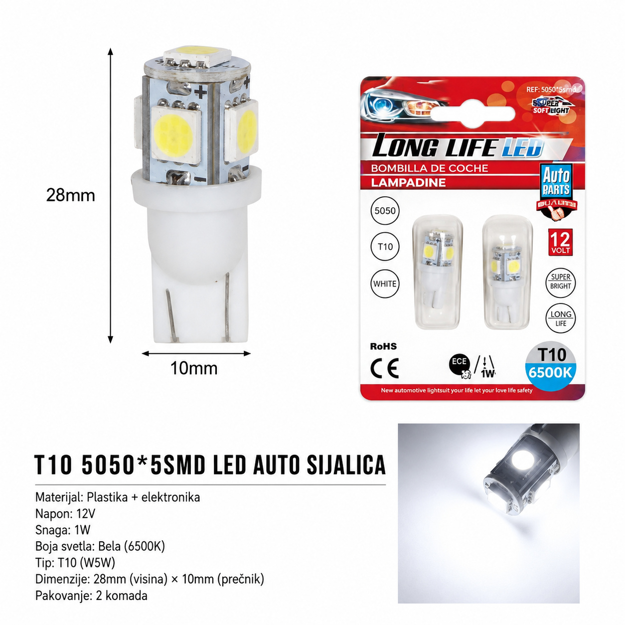 KMT T10 auto LED 5SMD bela 2000278