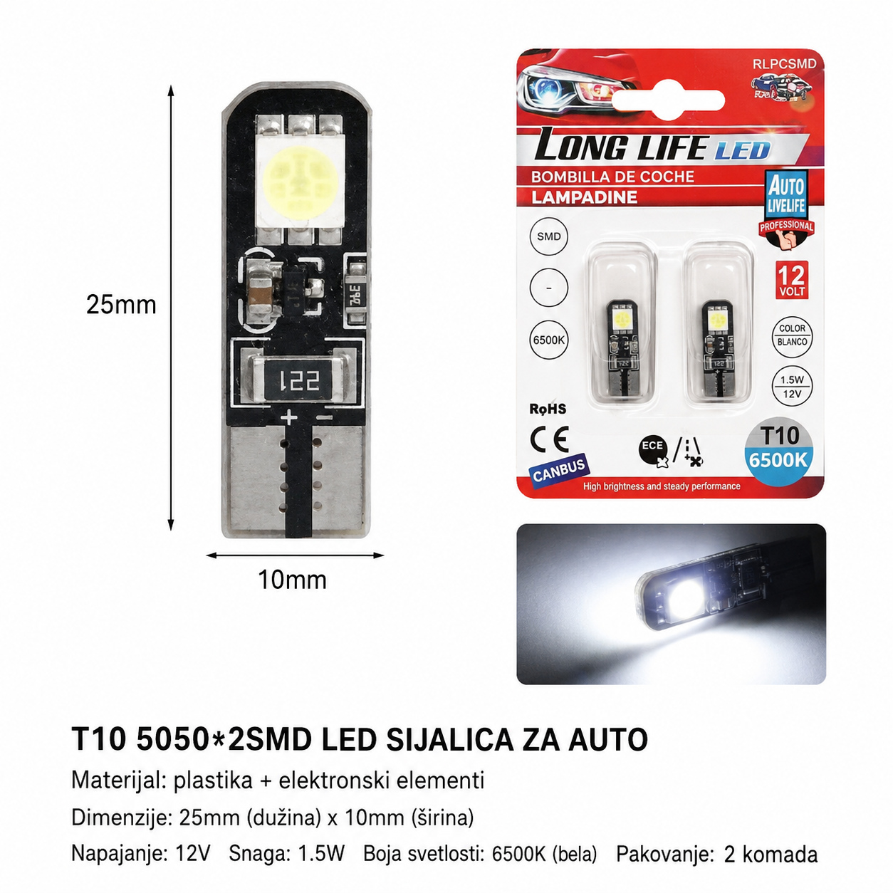 KMT T10 auto LED lampa 2SMD belo svetlo 2000279