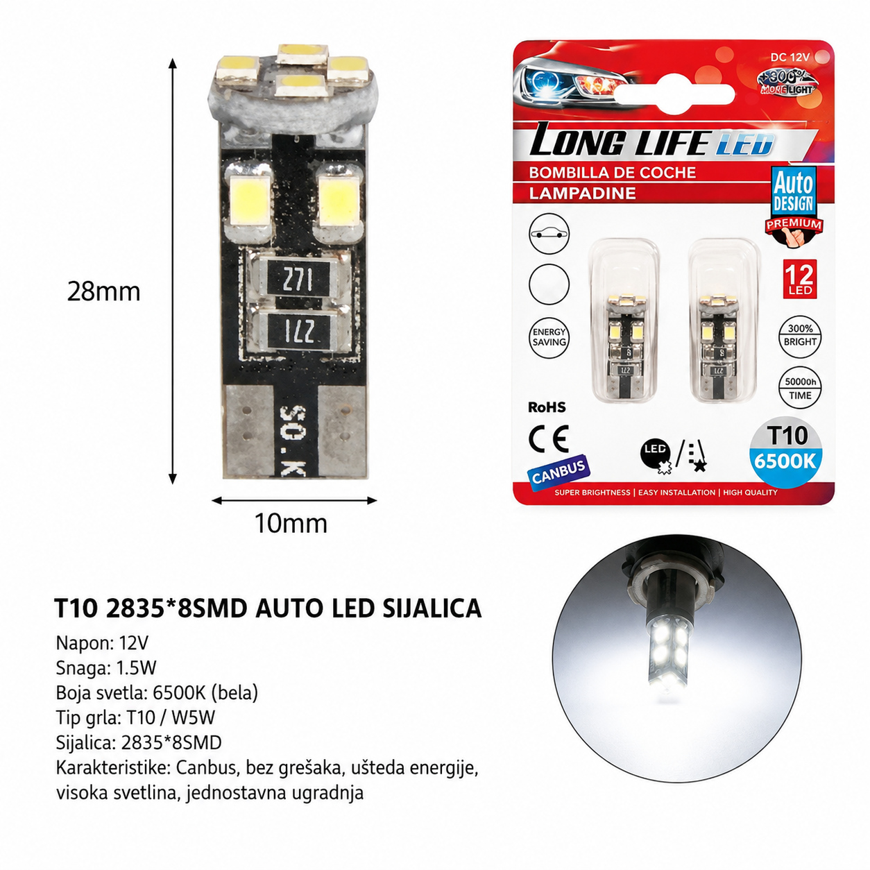KMT T10 auto LED sijalica, 8 SMD, belo svetlo 2000280