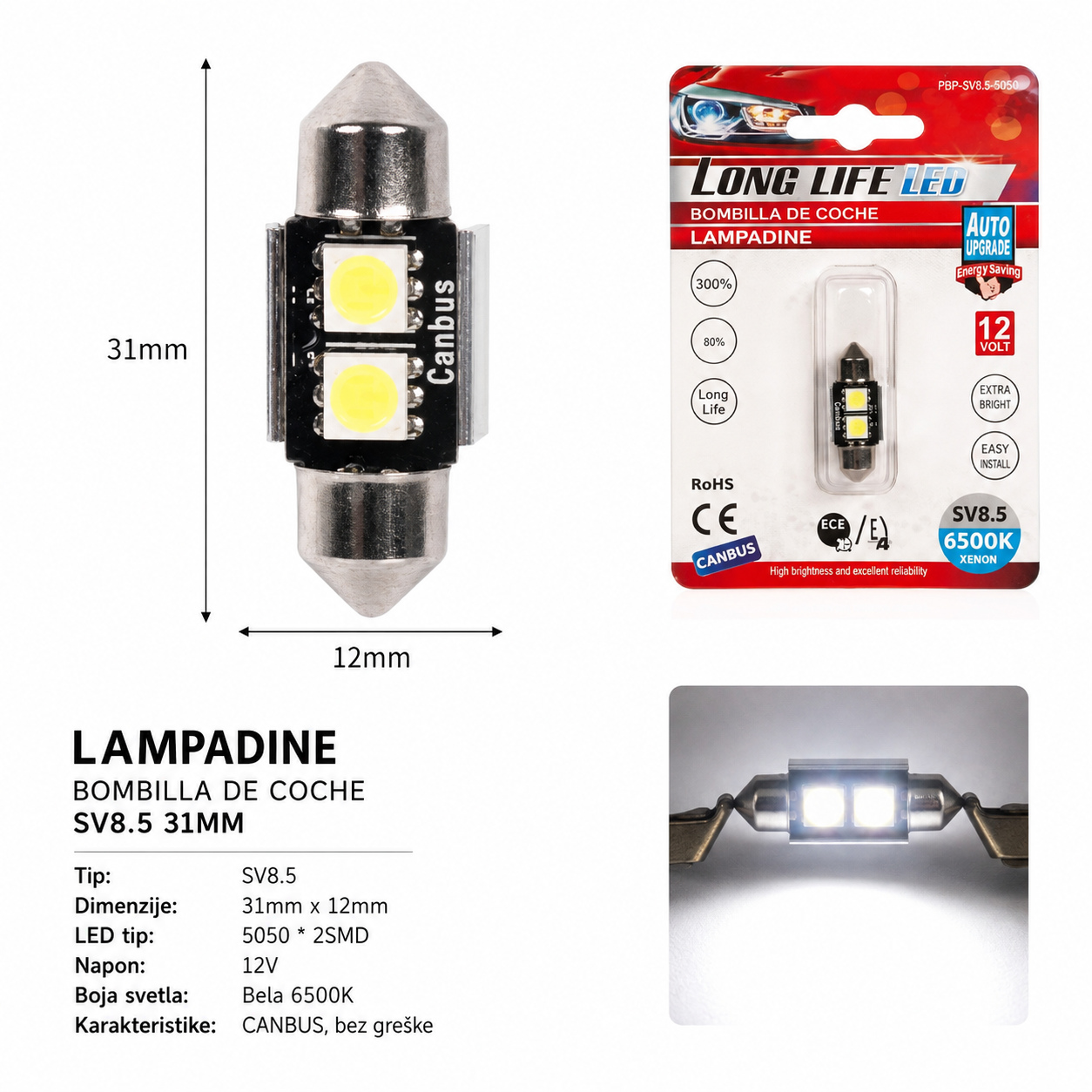 KMT Auto LED lampa sa dvostrukim vrhom 31mm 2SMD belo svetlo 2000288