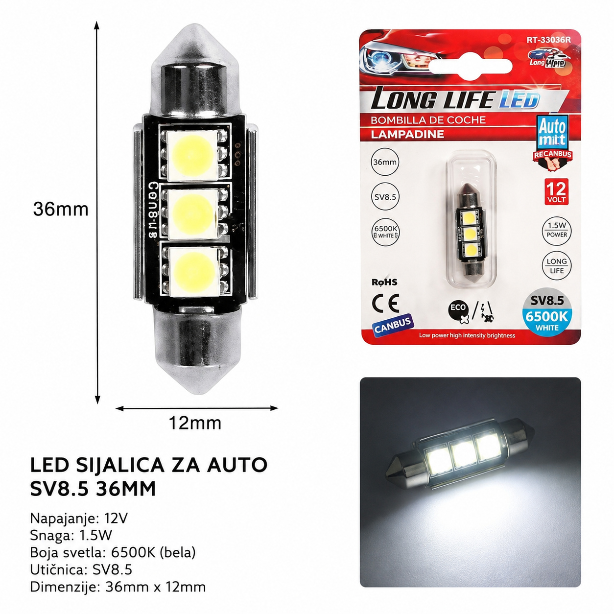 KMT Auto LED lampa sa dvostrukim vrhom 36mm 3SMD belo svetlo 2000289