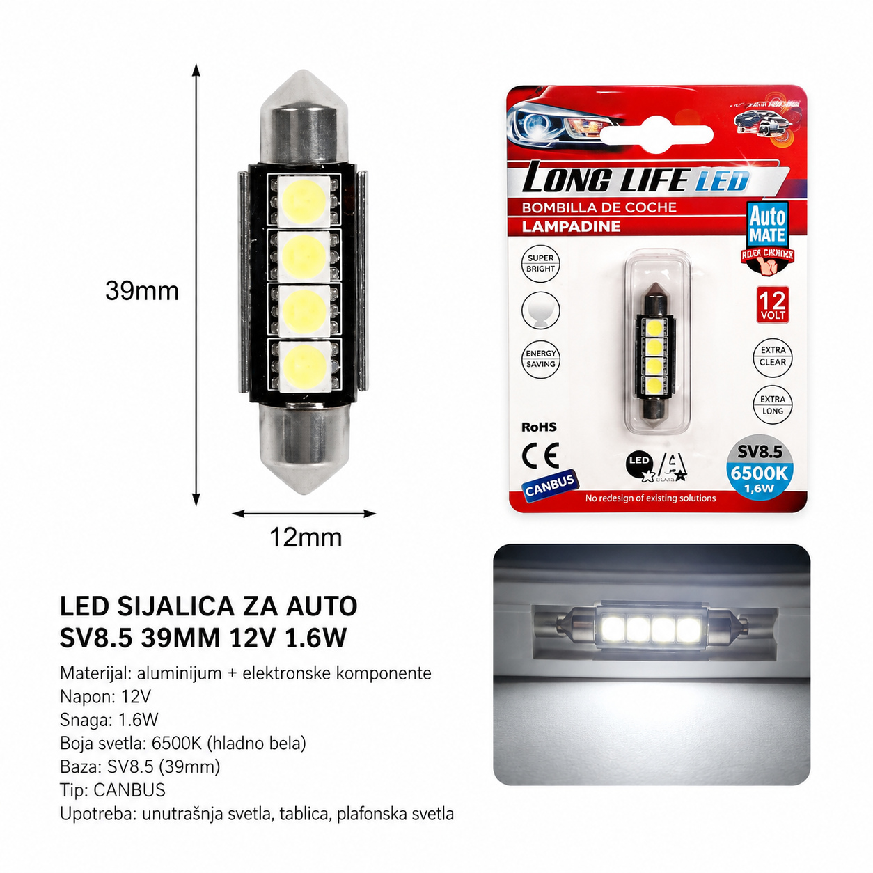 KMT Twin-tip 39MM auto LED 4SMD bela 2000290