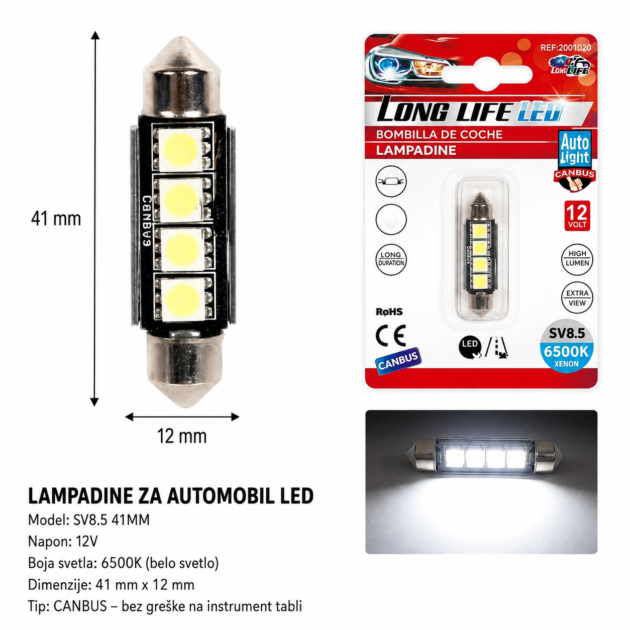 KMT Festoon auto LED sijalica 41 mm, 4 SMD, belo svetlo 2000291