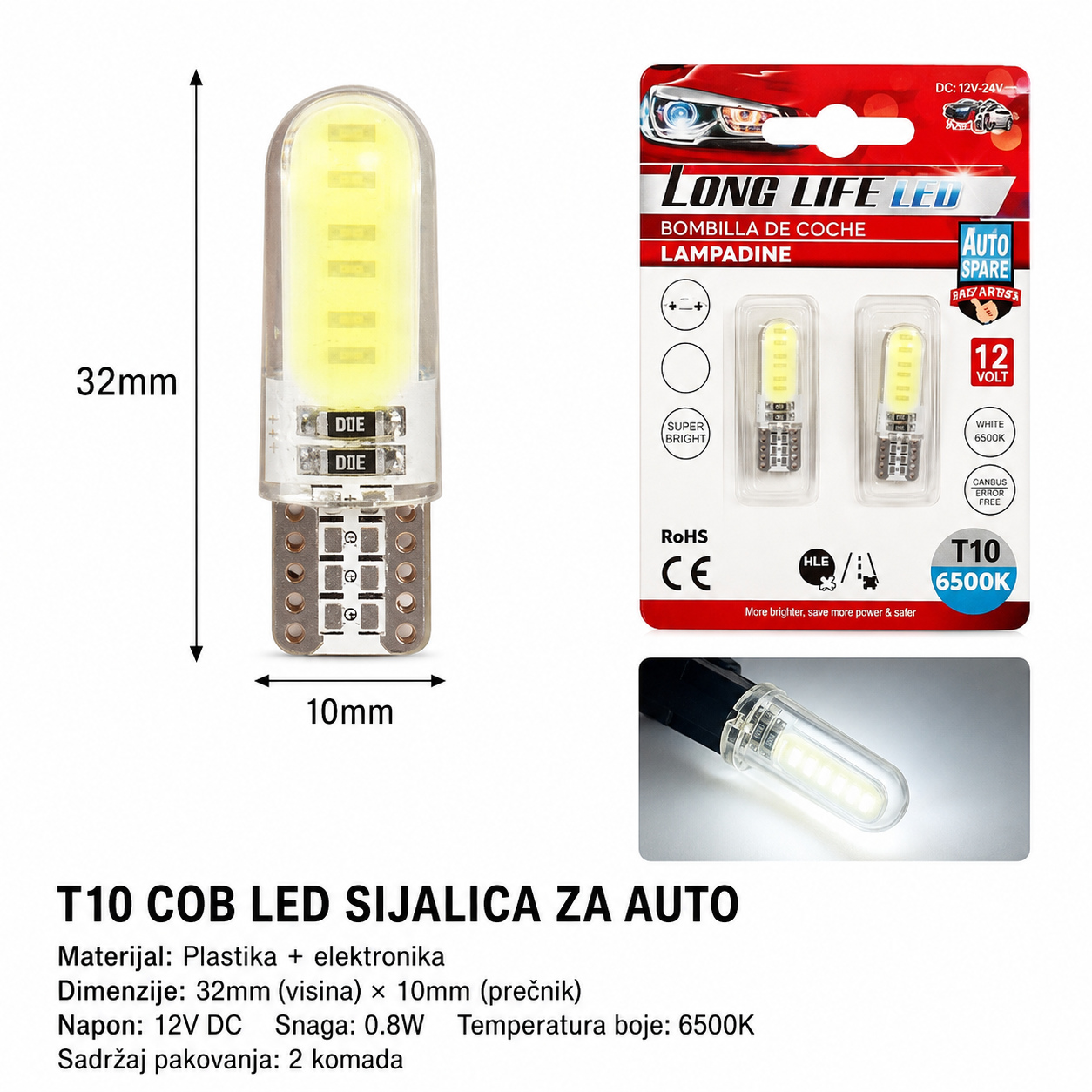 KMT T10 auto LED sijalica, 10×COB, belo svetlo 2000428