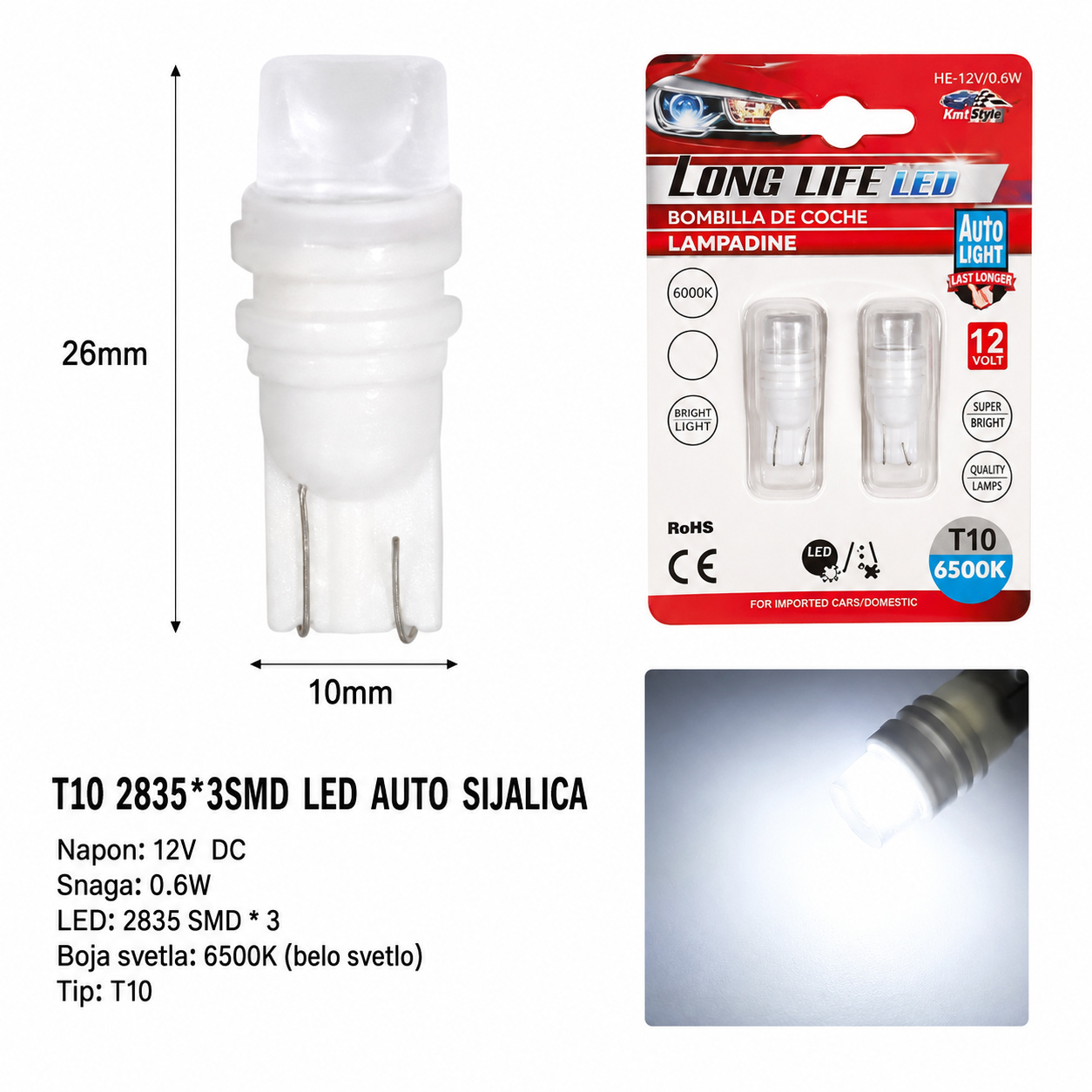 KMT T10 auto LED sijalica, 3 SMD, belo svetlo 2000432