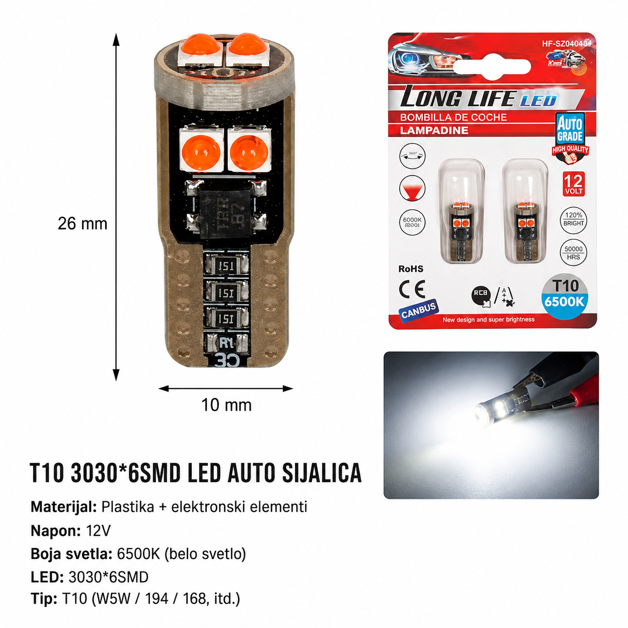 KMT T10 auto LED sijalica, 6 SMD, crveno svetlo 2000436