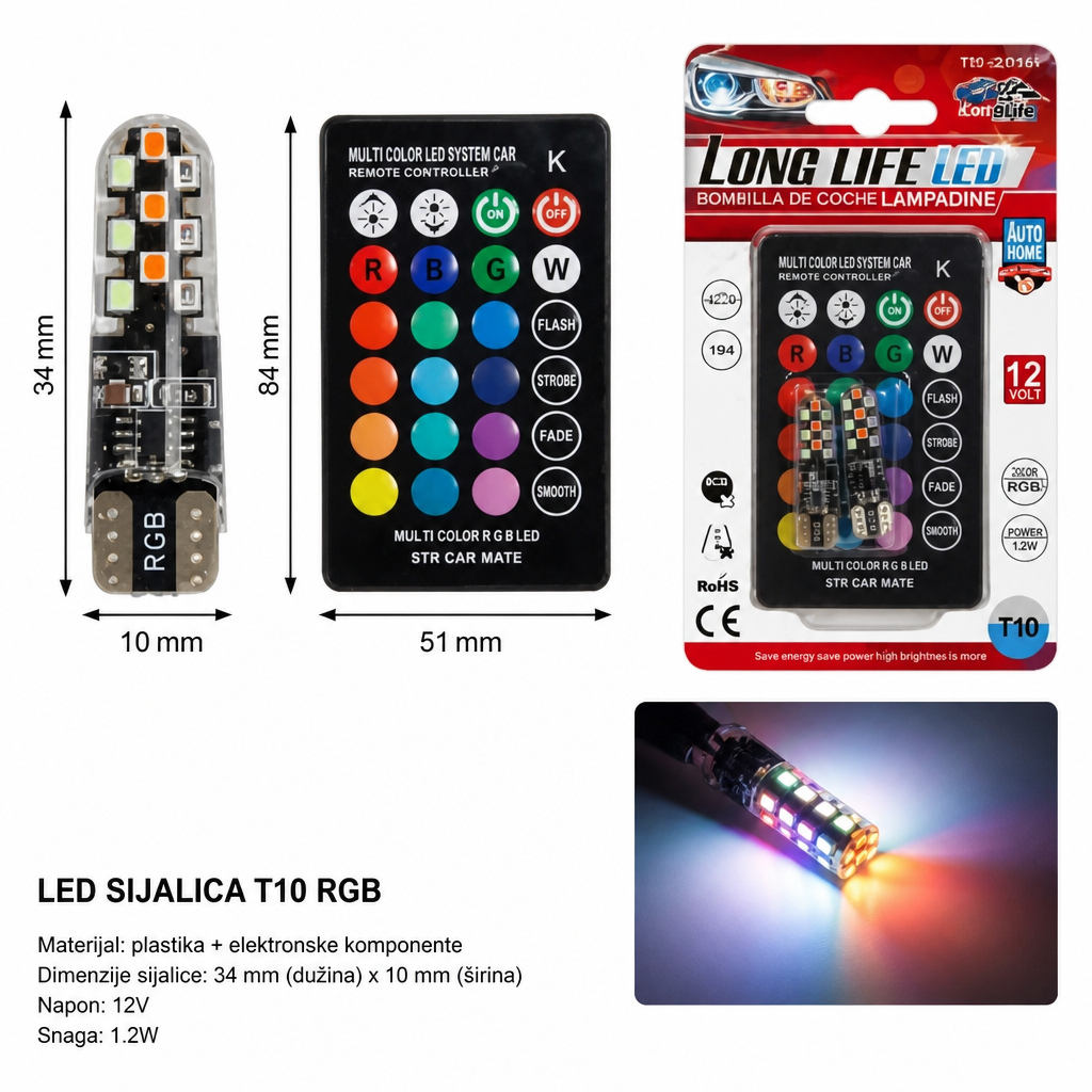 KMT T10 auto LED sijalica 18 SMD RGB sa daljinskim 2000444
