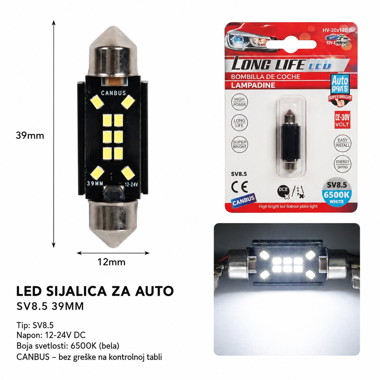 KMT Festoon auto LED sijalica 39 mm, 10 SMD, jako belo svetlo 2000459