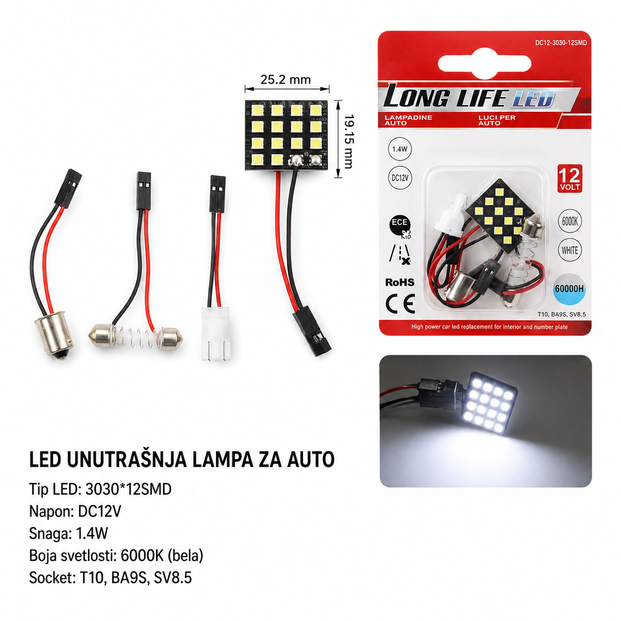 KMT Auto LED plafonsko svetlo, 12 SMD, belo 2000572