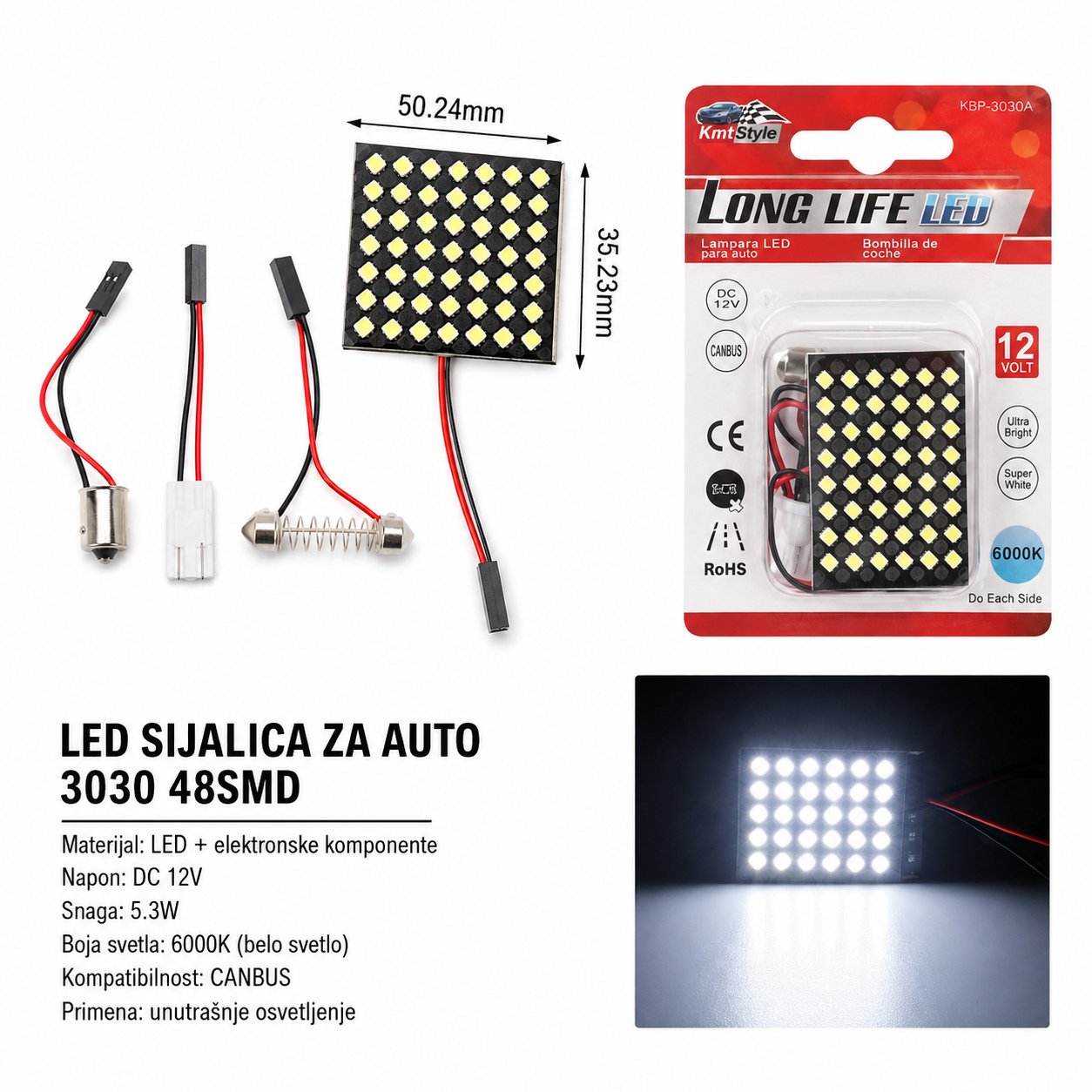 KMT Auto LED plafonsko svetlo, 48 SMD, belo 2000574