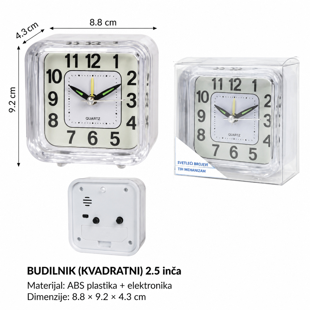 KMT ABS kristalni kvadratni alarm sat 2.5 inča 2001611