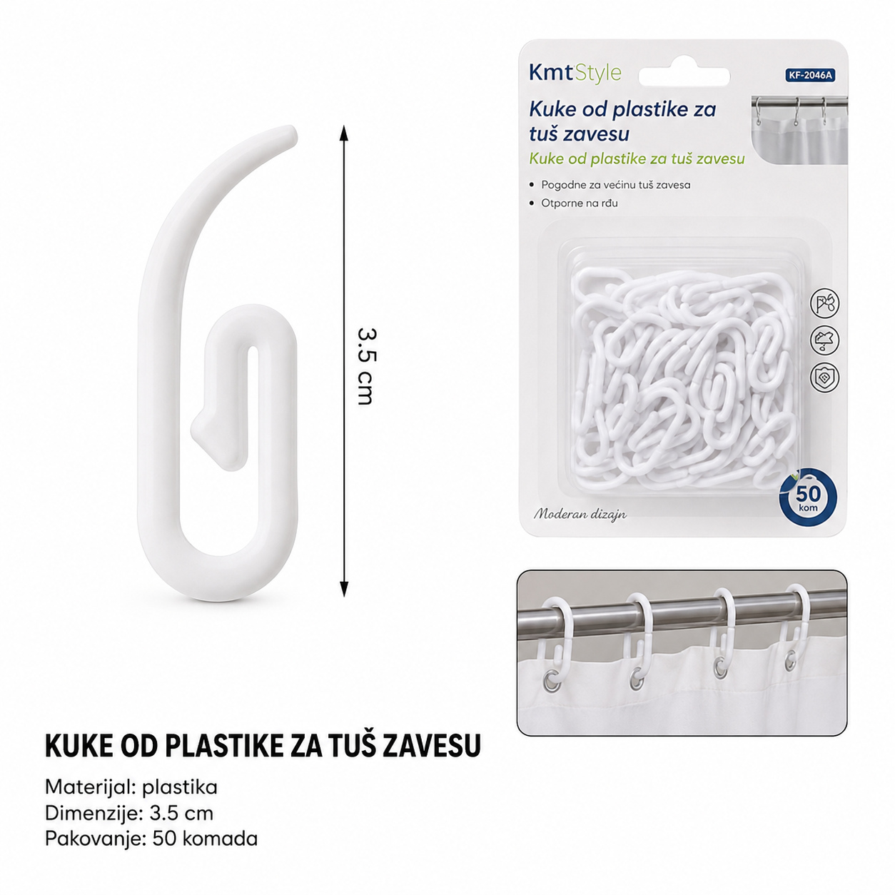 KMT Bela plastična kuka za tuš zavese 2208294
