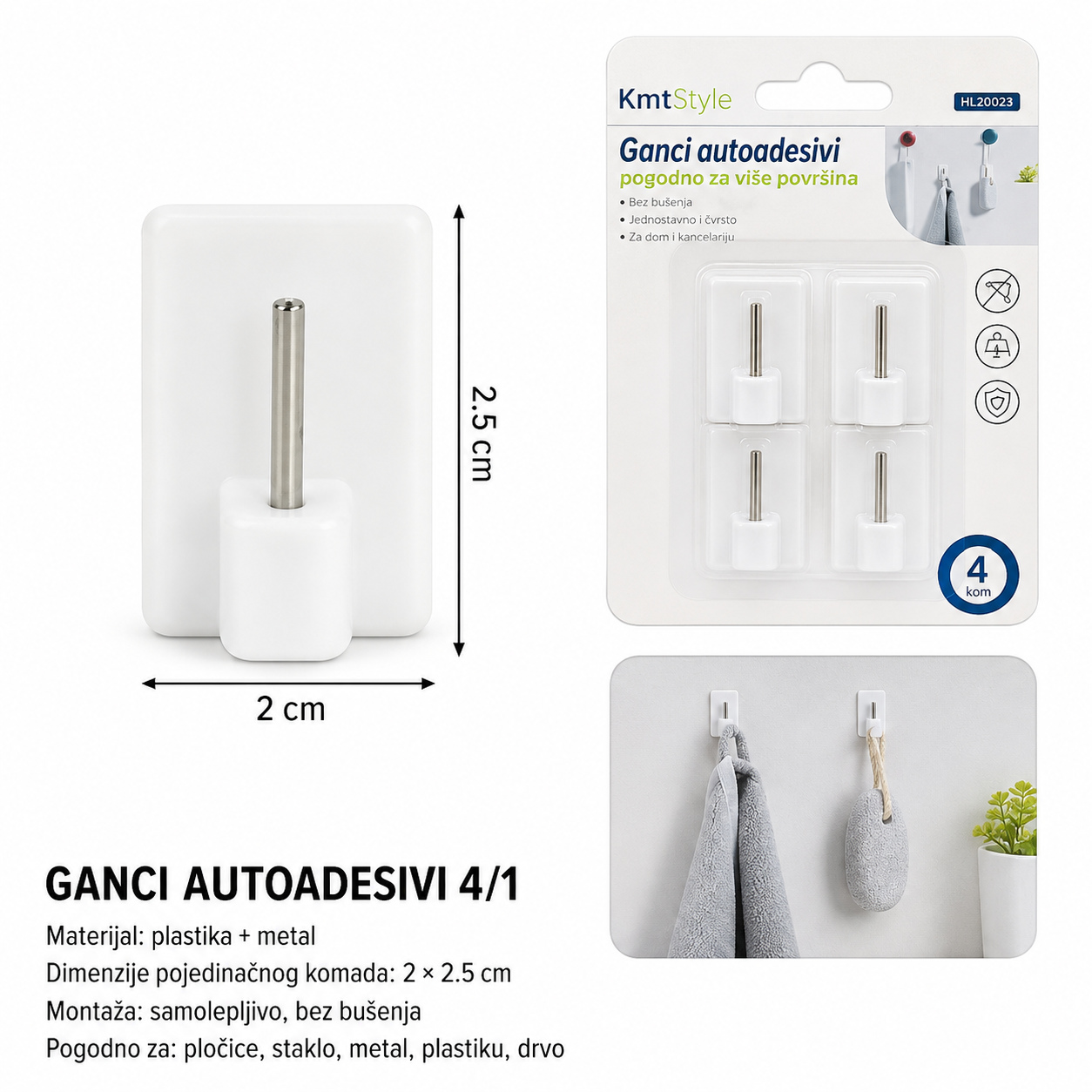 KMT 4 komada bela plastična i metalna kuka 2208310