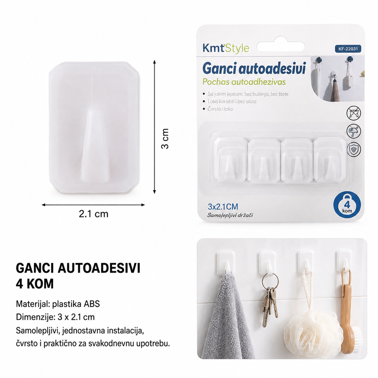 KMT 4 komada pravougaona bela plastična kuka 2208312