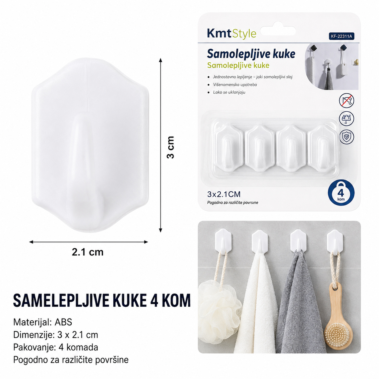 KMT Set od 4 komada dijamantnih belih plastičnih kuka 2208314