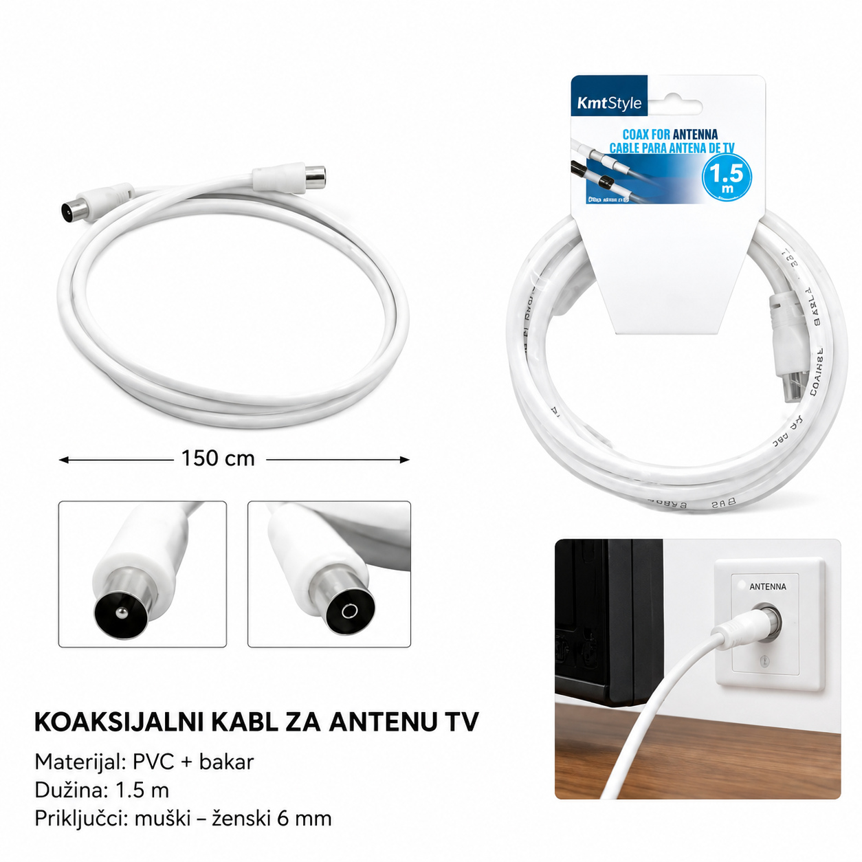 KMT Bijeli TV kabl sa muškim i ženskim konektorima 2303840