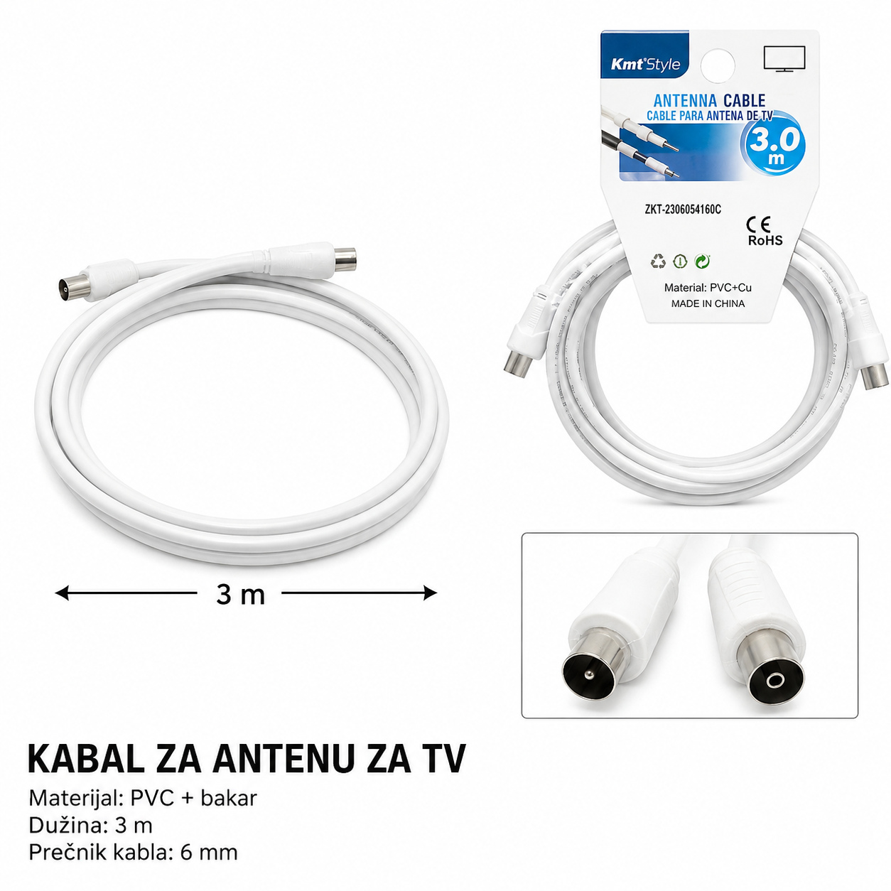 KMT Bijeli TV kabl sa muškim i ženskim konektorima 2303841