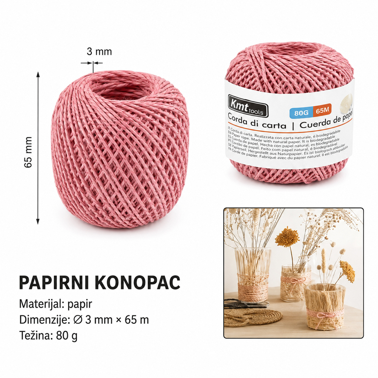 KMT Loptasti papirni konopac sa zlatnim nitima 80g ružičasti 2315040