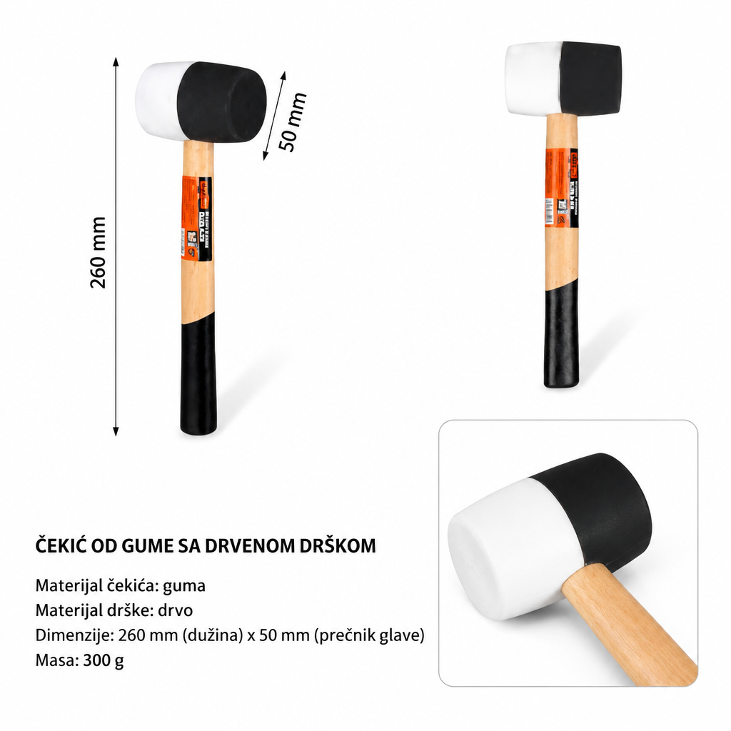 KMT Drvena drška crno-beli gumeni čekić 2386002