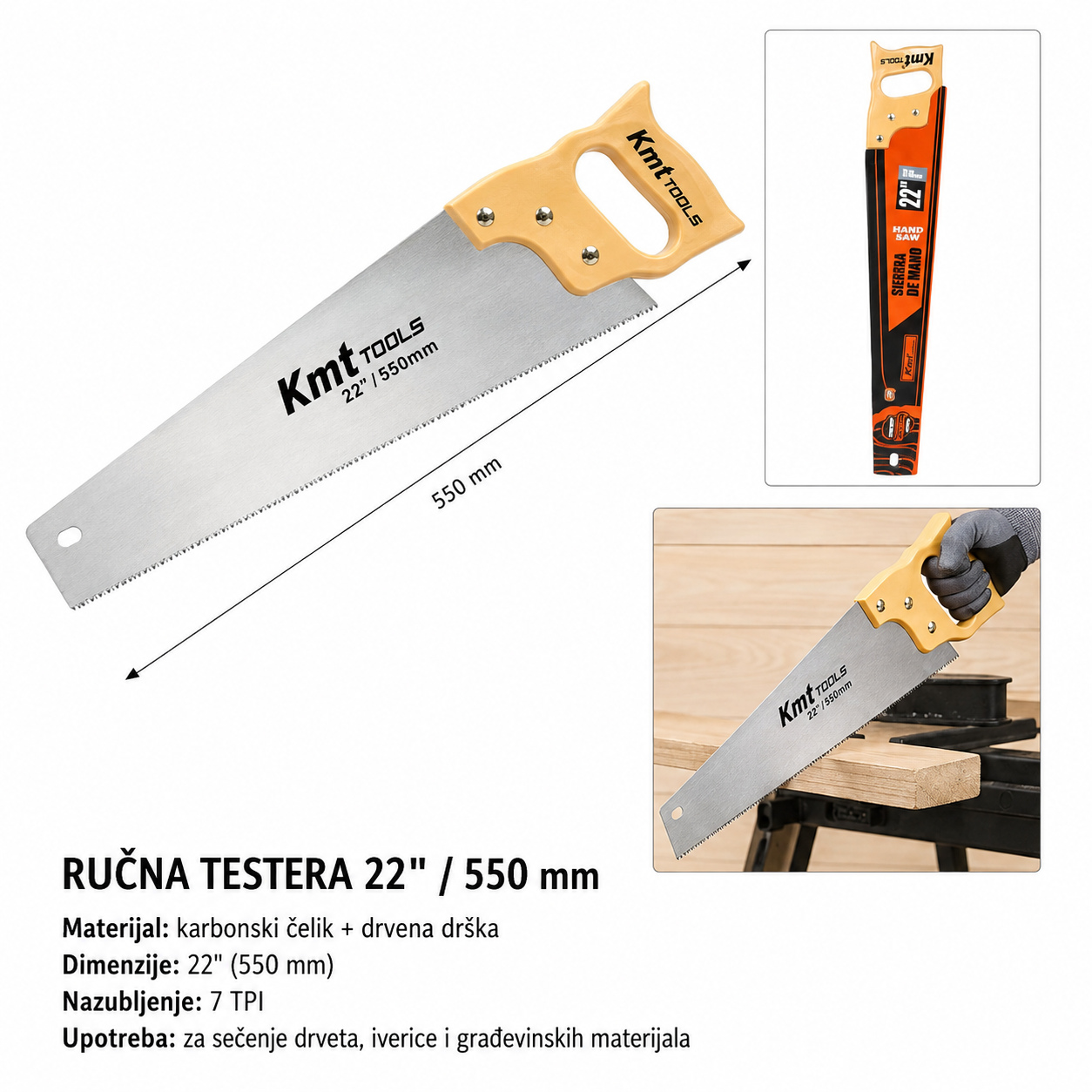 KMT Ručna testera sa drvenom drškom i oštrim zupcima, 22 inča 2389380
