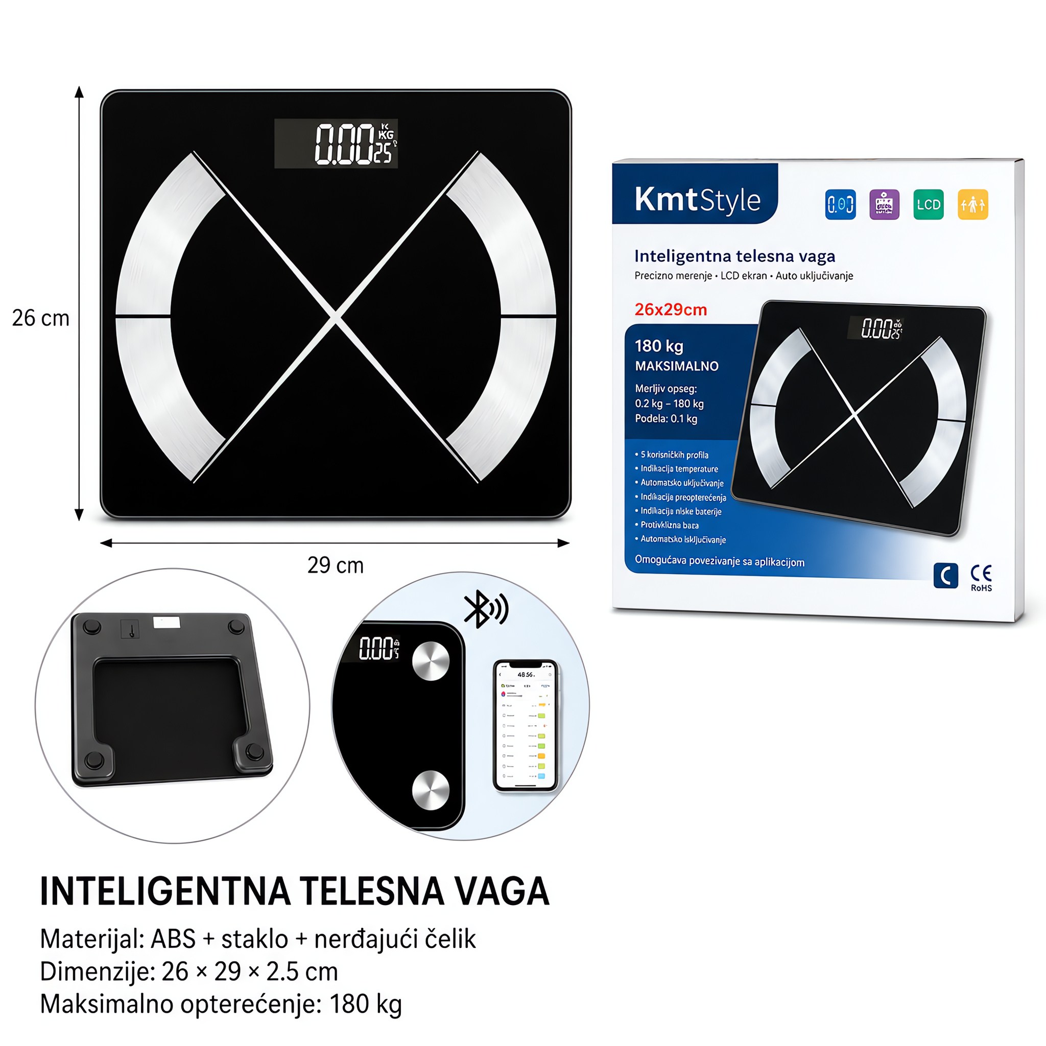 KMT Bluetooth skala telesne masti od crnog nerđajućeg čelika 2406880