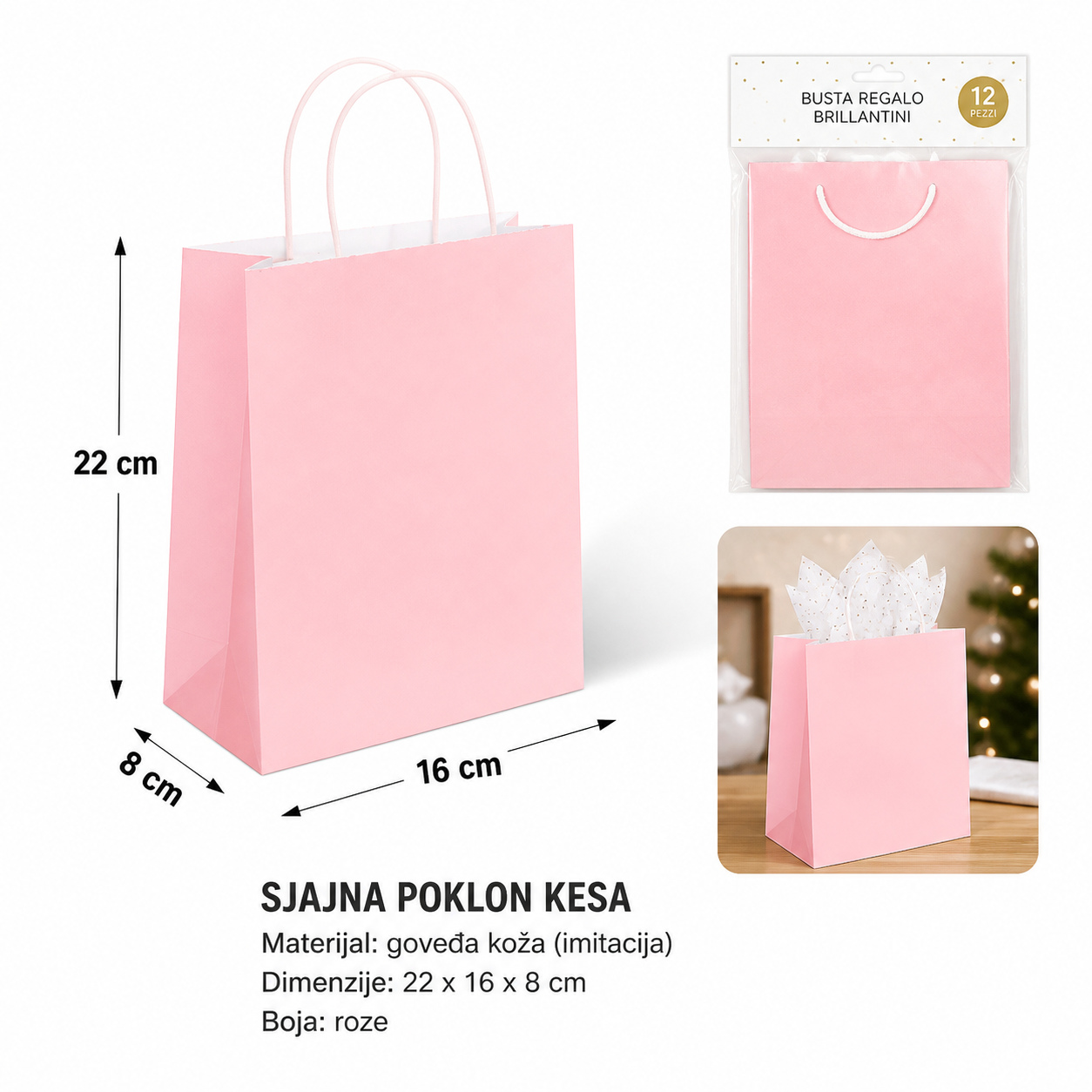 KMT kraft papir (roze) 22*16*8CM 278705