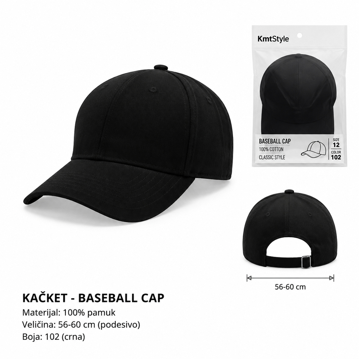 KMT Kačket od pamučne ploče crni 296892