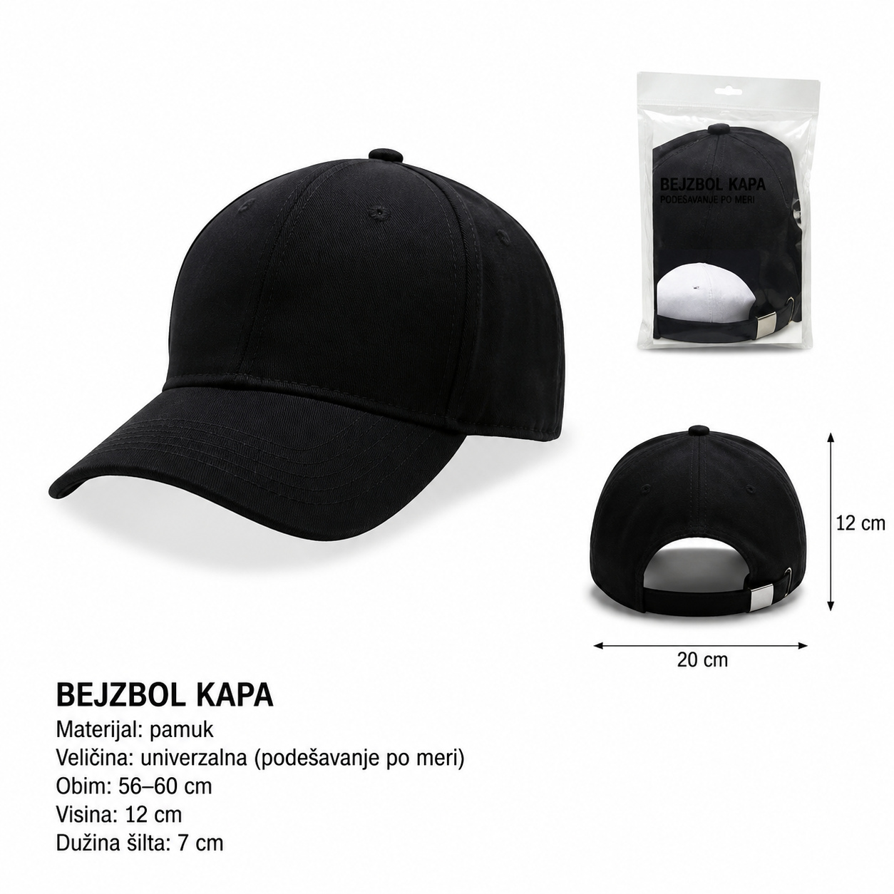 KMT pamučni goli bejzbol kačket – crni 296906