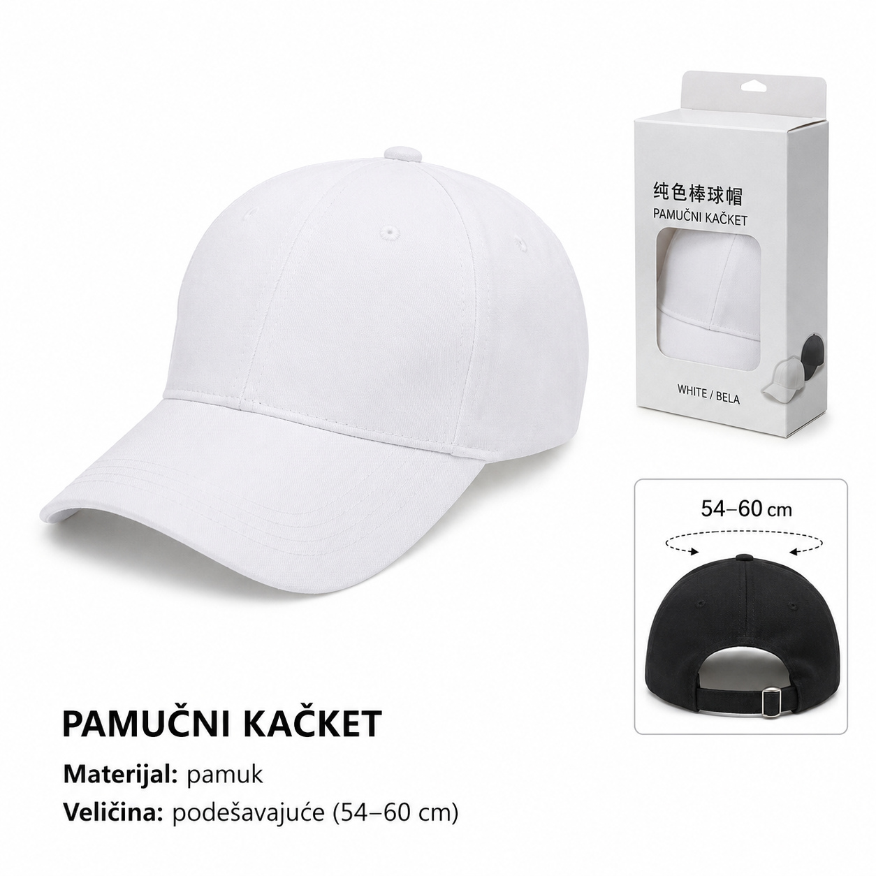 KMT pamučni goli bejzbol kačket – beli 296907