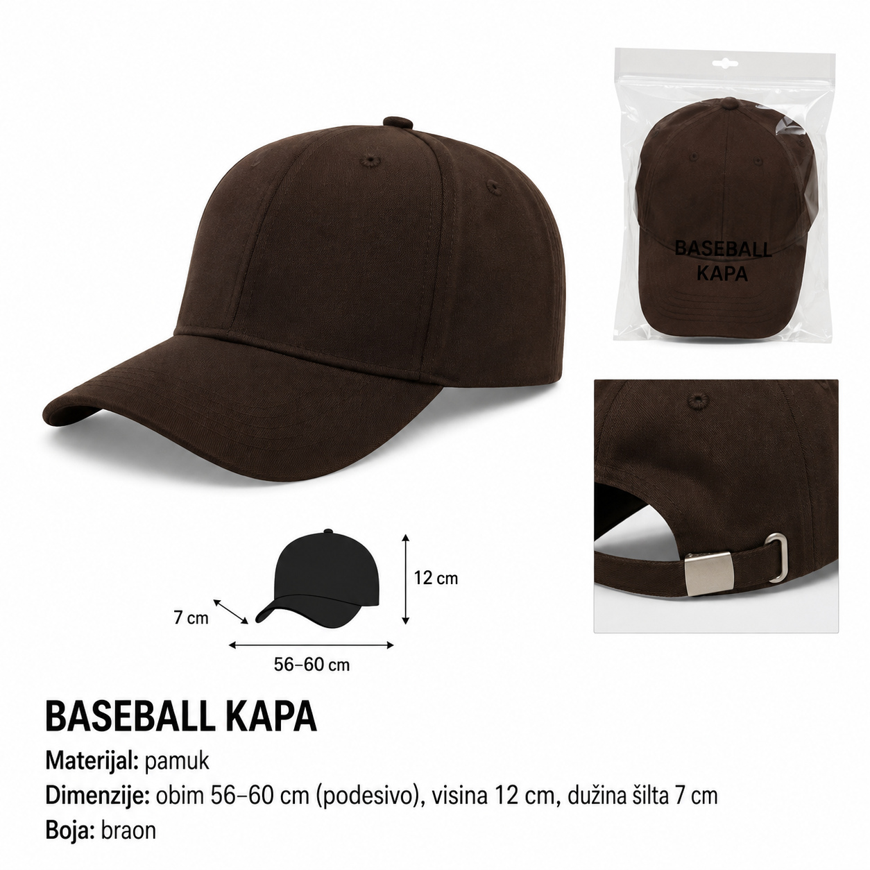 KMT pamučni goli bejzbol kačket – braon 296914