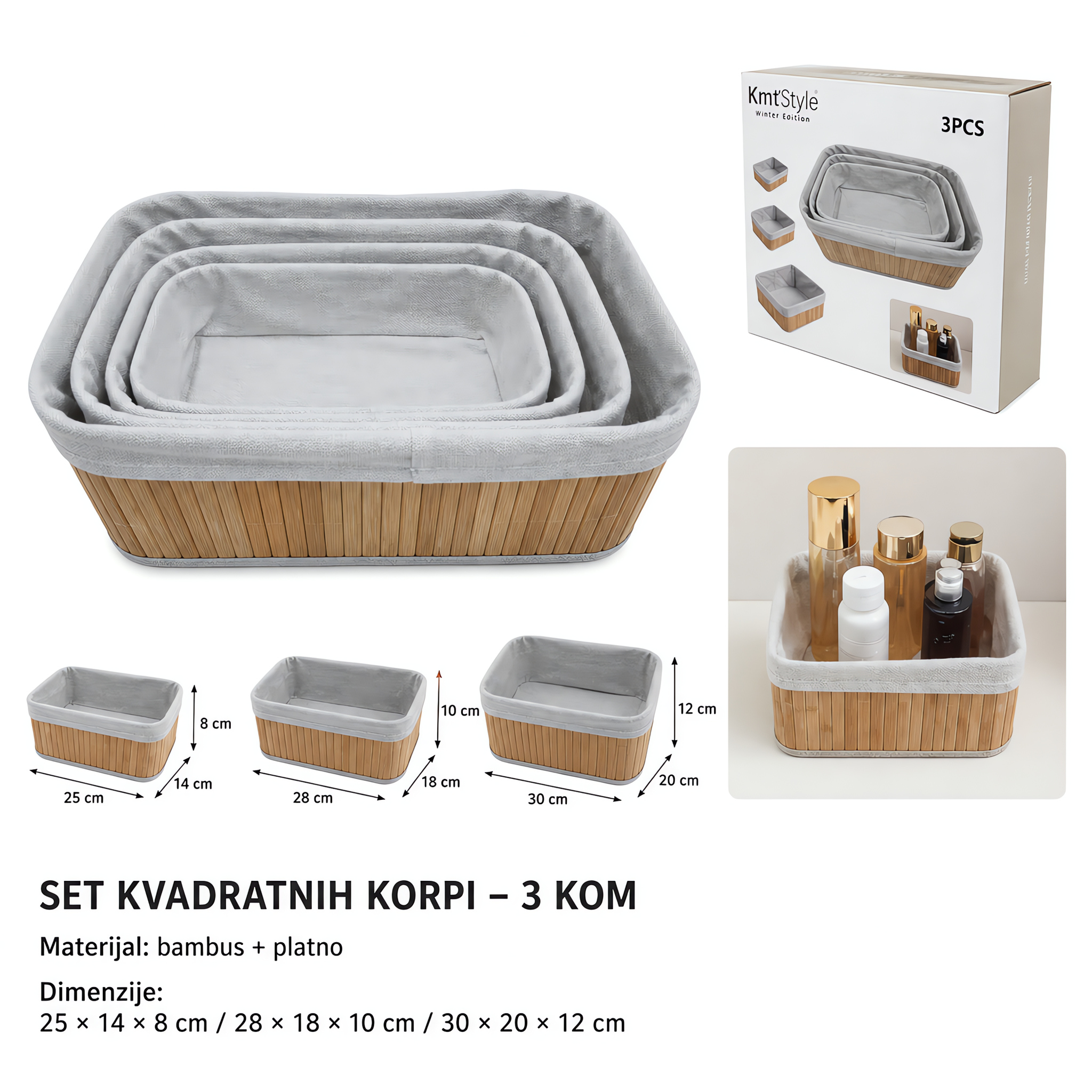KMT Set 3 pravougaone bambusove korpe, prirodna boja 299650