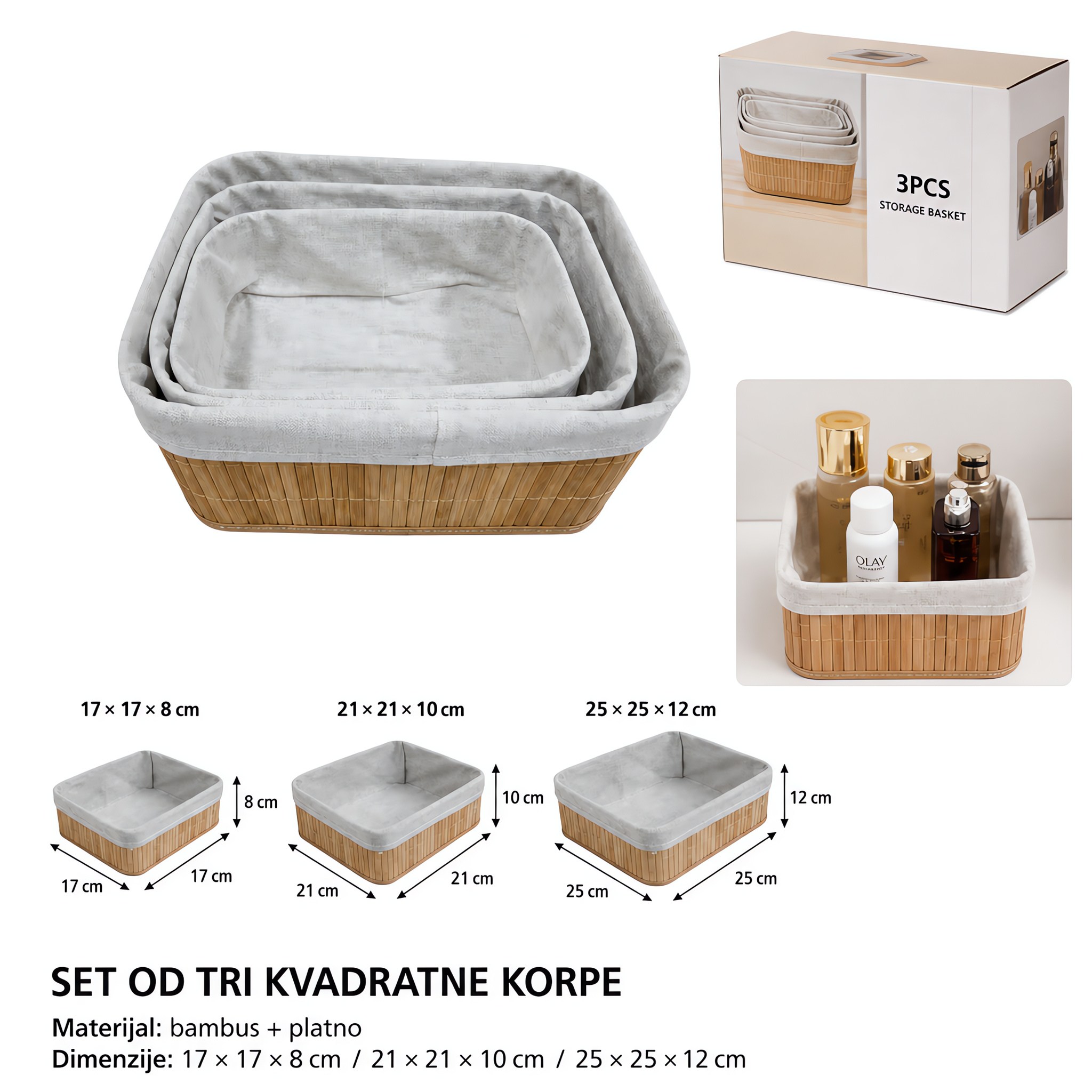 KMT Set 3 kvadratne bambusove korpe za odlaganje, prirodna boja 299651