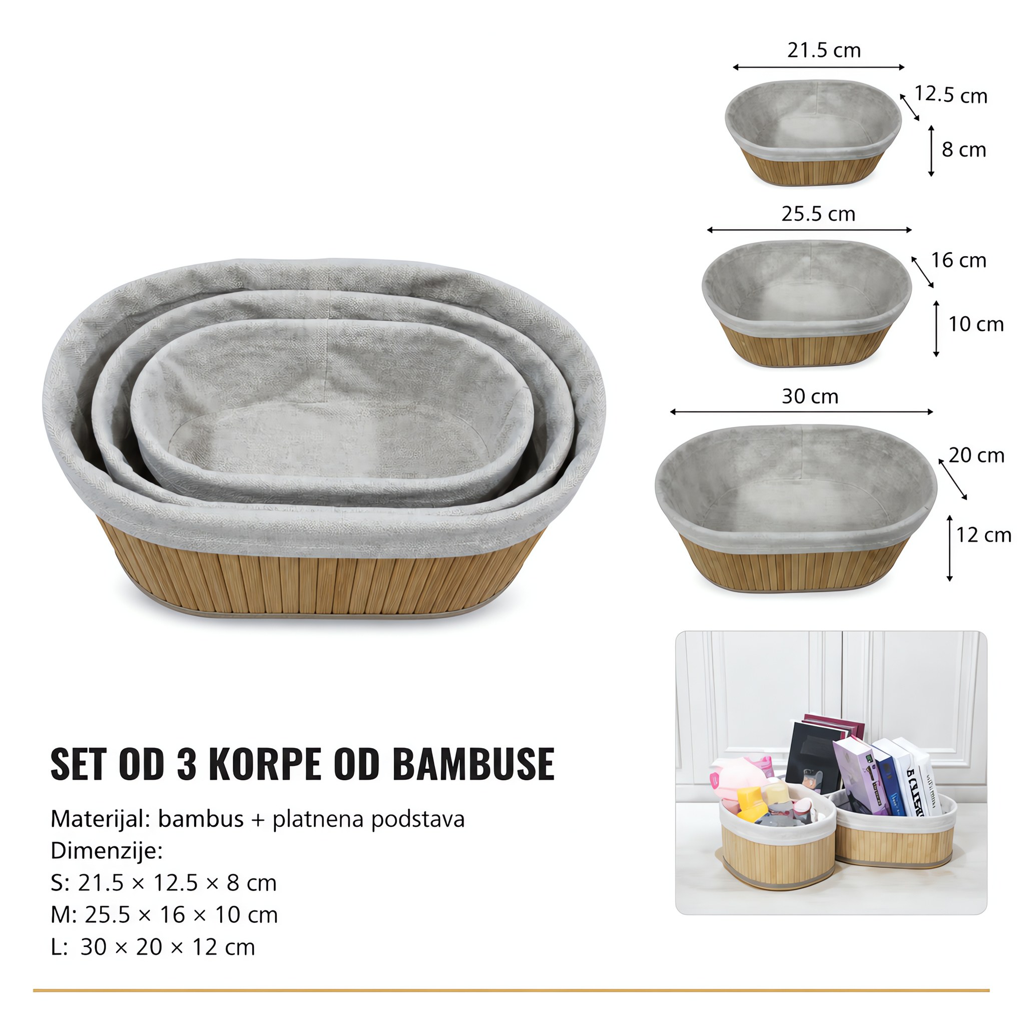 KMT Set 3 ovalne bambusove korpe za odlaganje, prirodna boja 299652