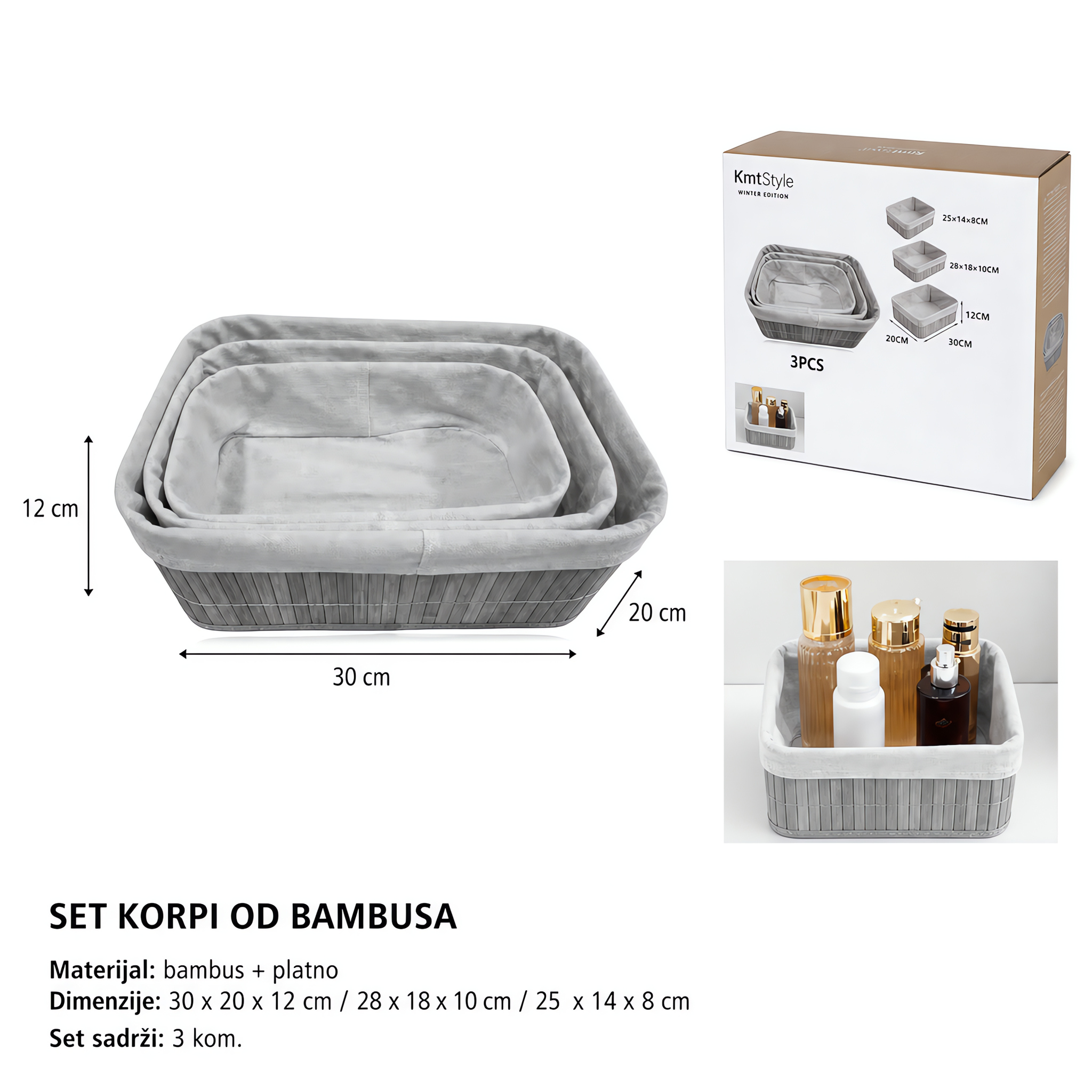 KMT Set 3 pravougaone bambusove korpe, svetlosive 299656