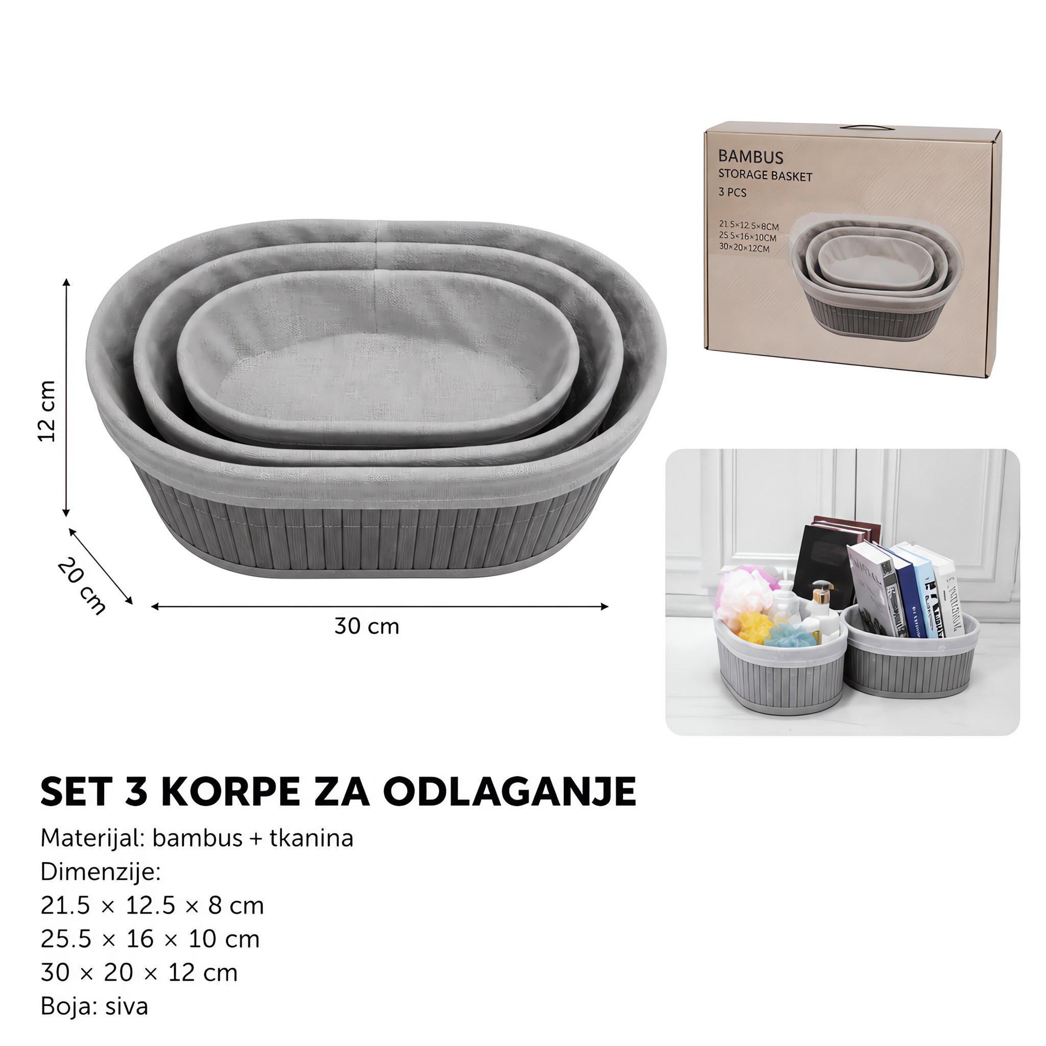 KMT Set 3 ovalne bambusove korpe za odlaganje, svetlosive 299658