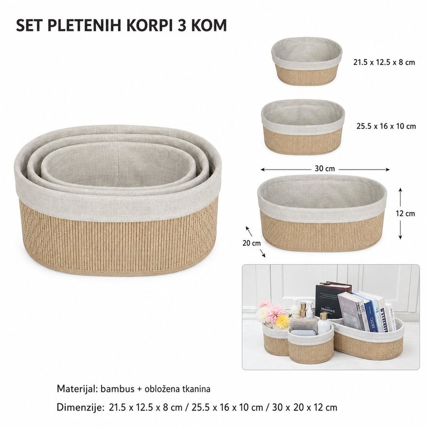 KMT Set 3 ovalne bambusove korpe za odlaganje sa trobojnim nitima 299664