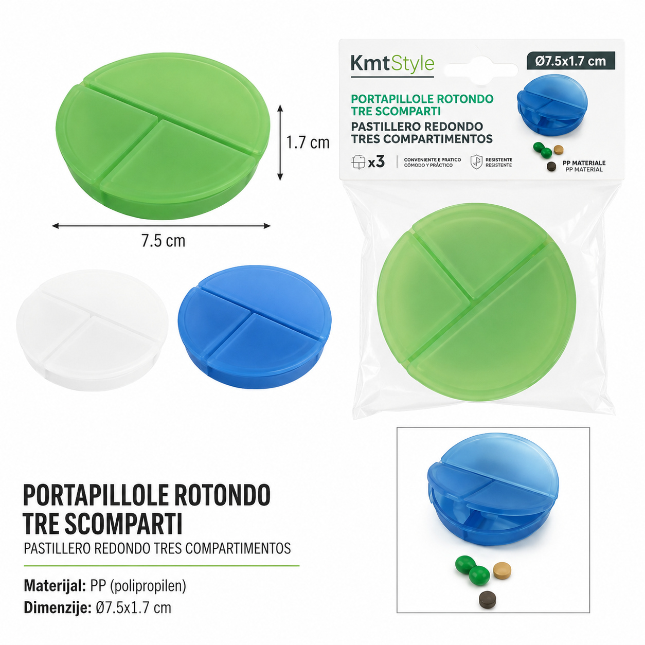 KMT okrugla kutija za lekove sa tri pregrade 3213248