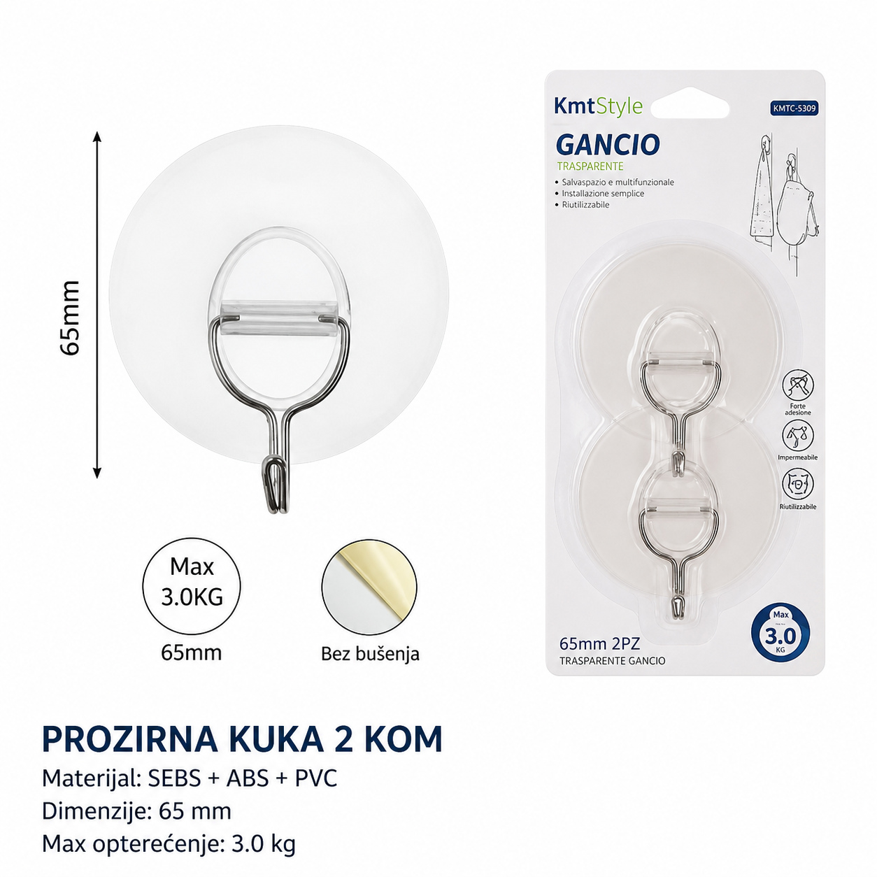 KMT Transparentna bez tragova kuka / metalna kuka 3280340